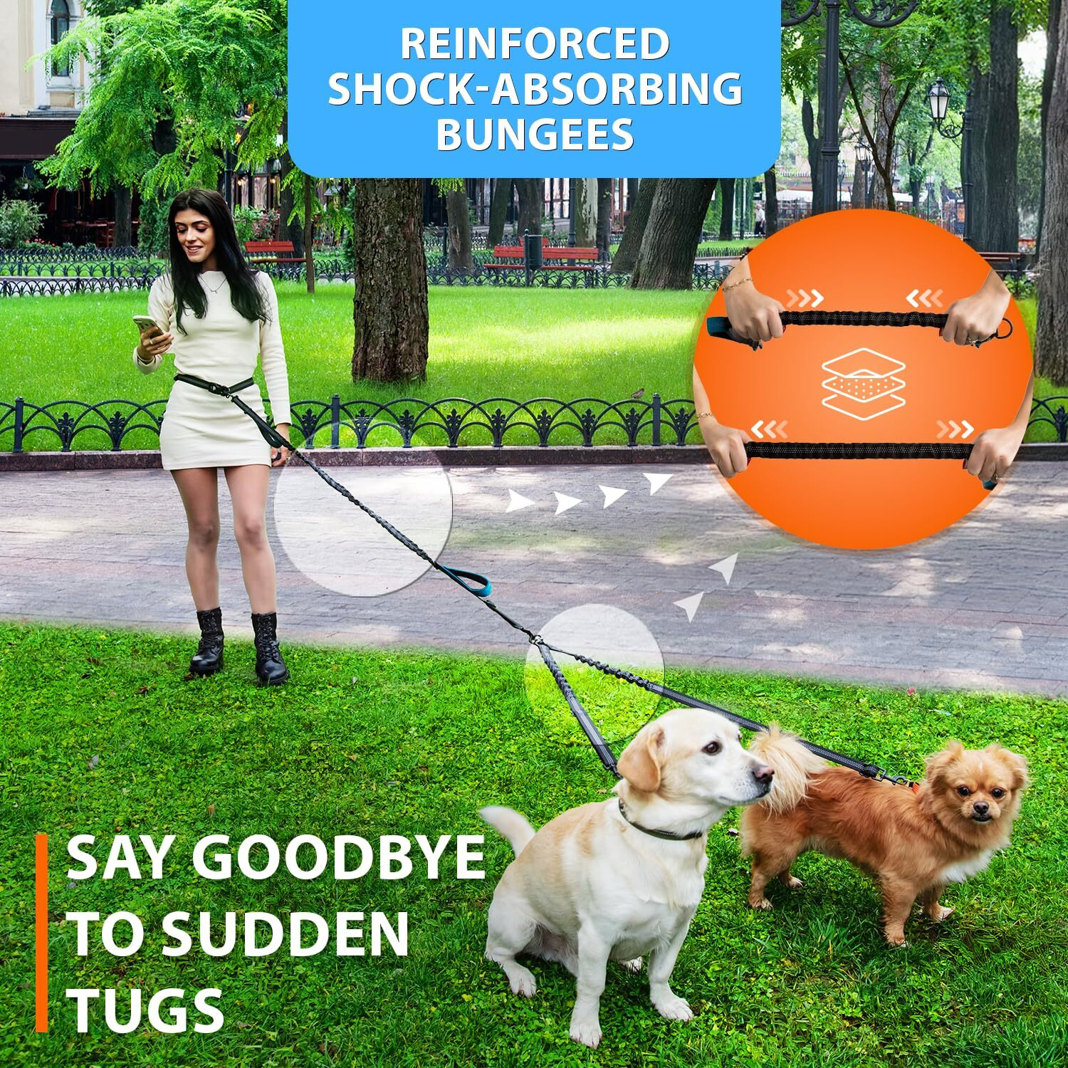 Sparklypets Hands Free Double Dog Leash - Dual Leash For Medium And Large Breeds - Lead For 2 Dogs With Padded Handles, Reflective Stitches, No Pull, Tangle Free
