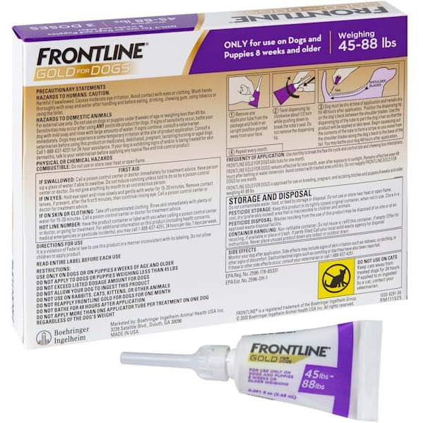 Frontline Gold Flea & Tick Treatment For Large Dogs Up To 45 To 88 Lbs., Pack Of 3