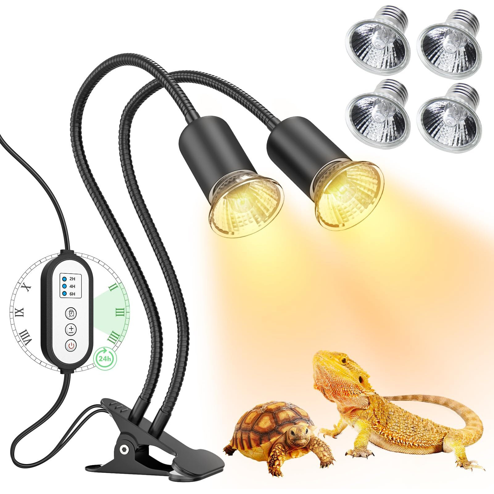 Reptile Heat Lamp, Dual-Head Uva/B Reptile Light With Cycle Timer, Basking Light For Reptile Turtle Bearded Dragon Lizards Snake, E26/27 Base With 4 Bulbs (2Pcs 25W And 2Pcs 50W)