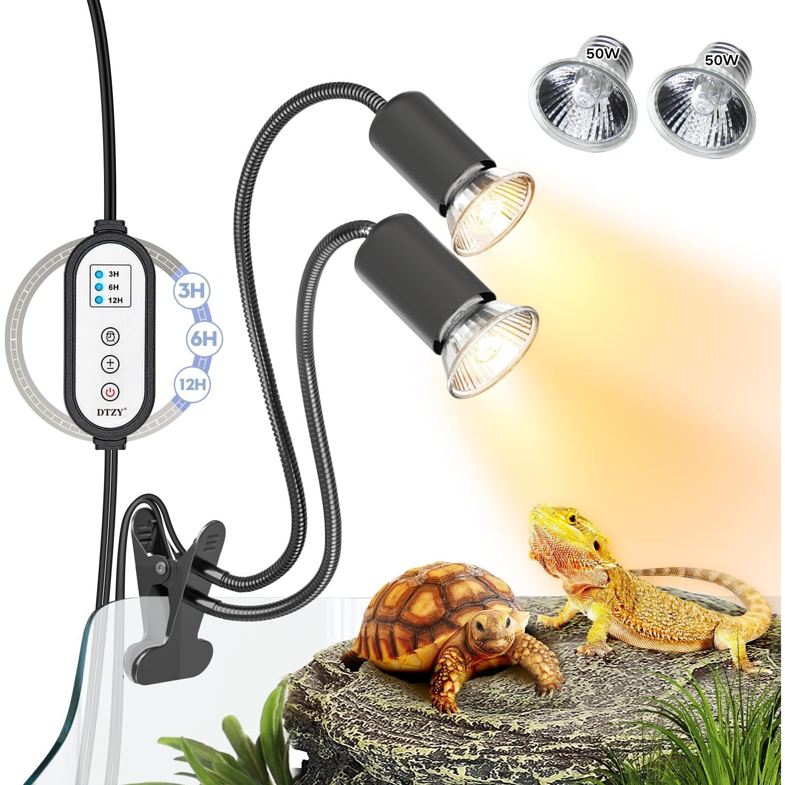 Reptile Heat Lamp, Dual-Head Uva/B Reptile Light With Cycle Timer, Basking Light For Reptile Turtle Bearded Dragon Lizards Snake, E26/27 Base With 4 Bulbs (2Pcs 25W And 2Pcs 50W)