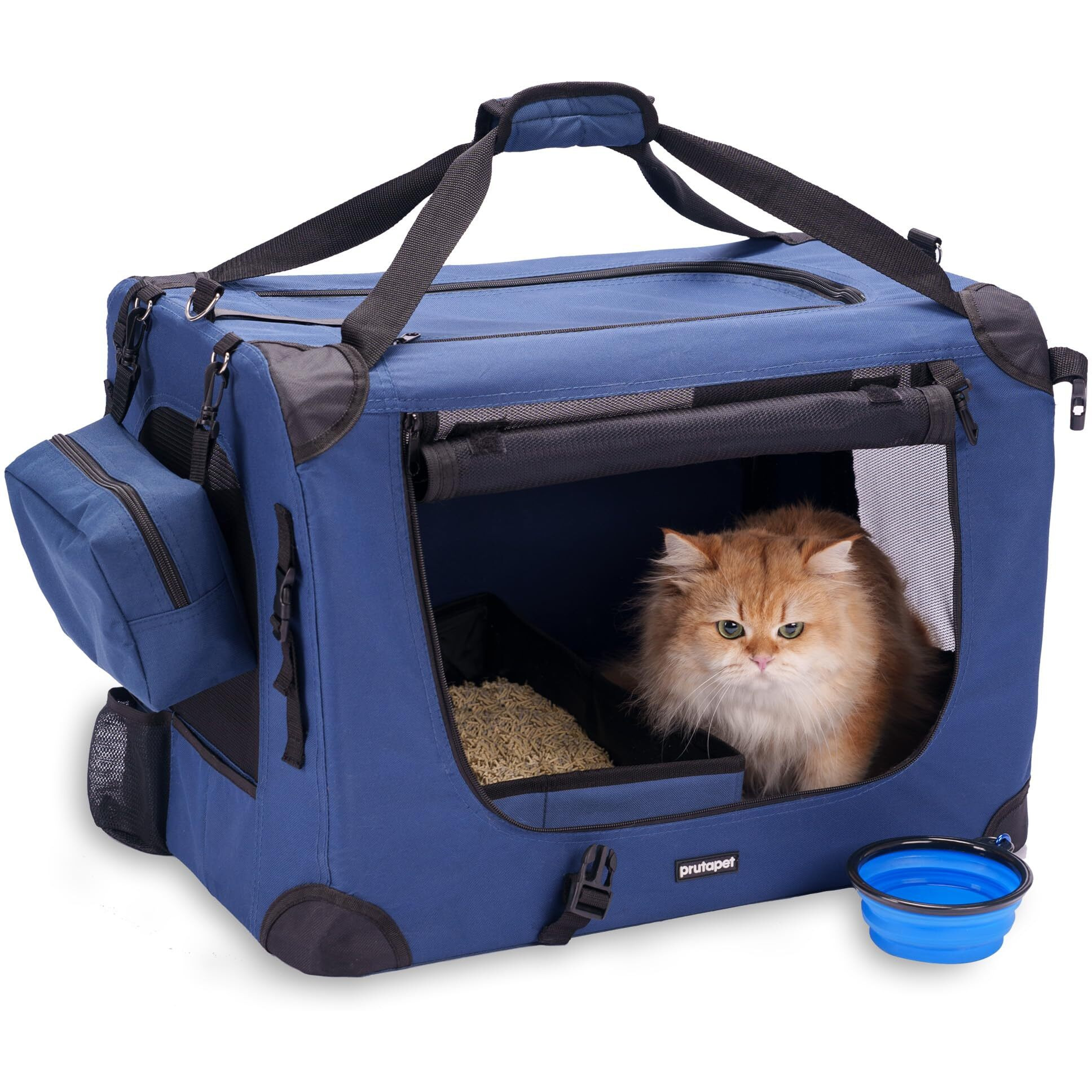Prutapet Large Cat Carrier 24"&quotX16.5"&quotX16.5"" Soft-Sided Portable Pet Crate For Car Traveling With Collapsible Litter Box And Bowl