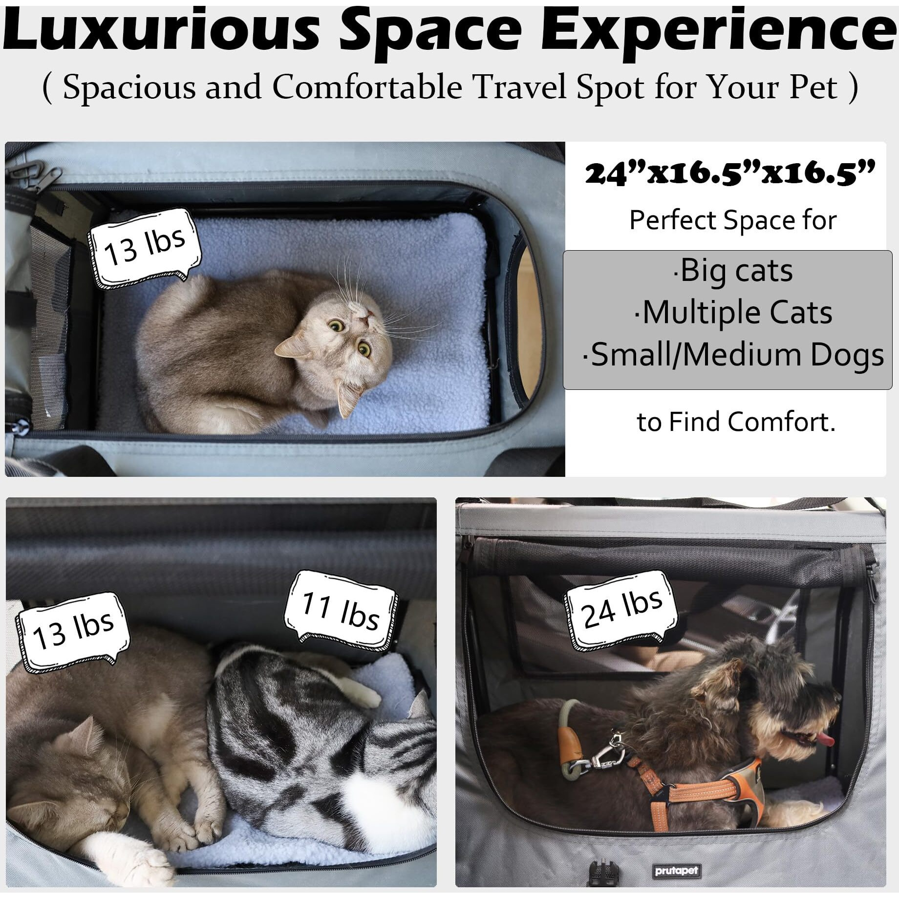 Prutapet Large Cat Carrier 24"&quotX16.5"&quotX16.5"" Soft-Sided Portable Pet Crate For Car Traveling With Collapsible Litter Box And Bowl
