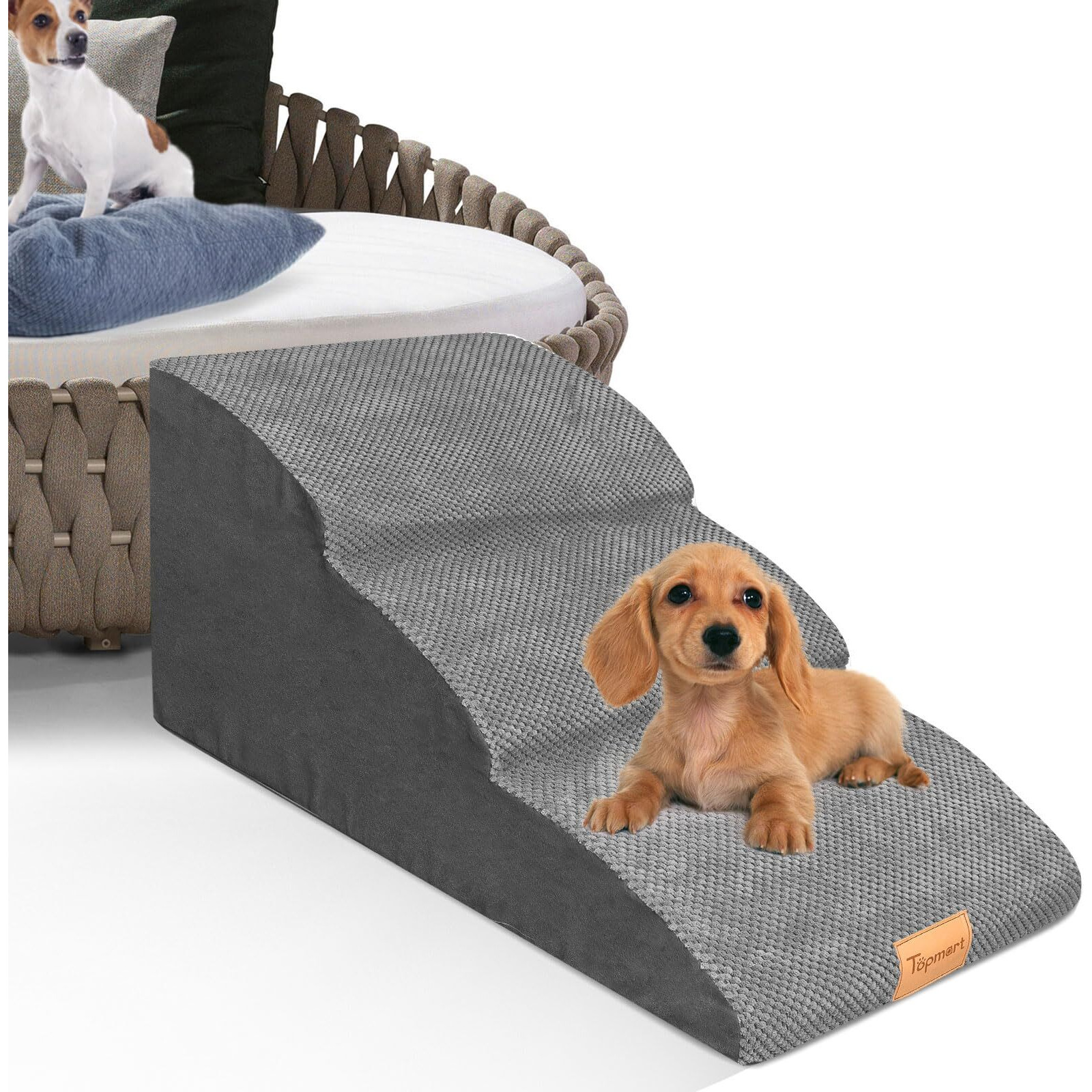 Topmart High Density Extended Foam Dog Ramp&Steps 2 Tiers,11.8"" High,Non-Slip Dog Stairs,Soft Foam Pet Ladder With Waterproof Cover,Best For Injured,Older Cats,Pets With Joint Pain
