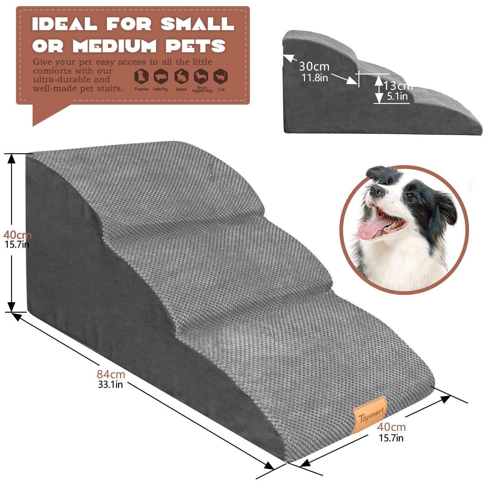 Topmart High Density Extended Foam Dog Ramp&Steps 2 Tiers,11.8"" High,Non-Slip Dog Stairs,Soft Foam Pet Ladder With Waterproof Cover,Best For Injured,Older Cats,Pets With Joint Pain