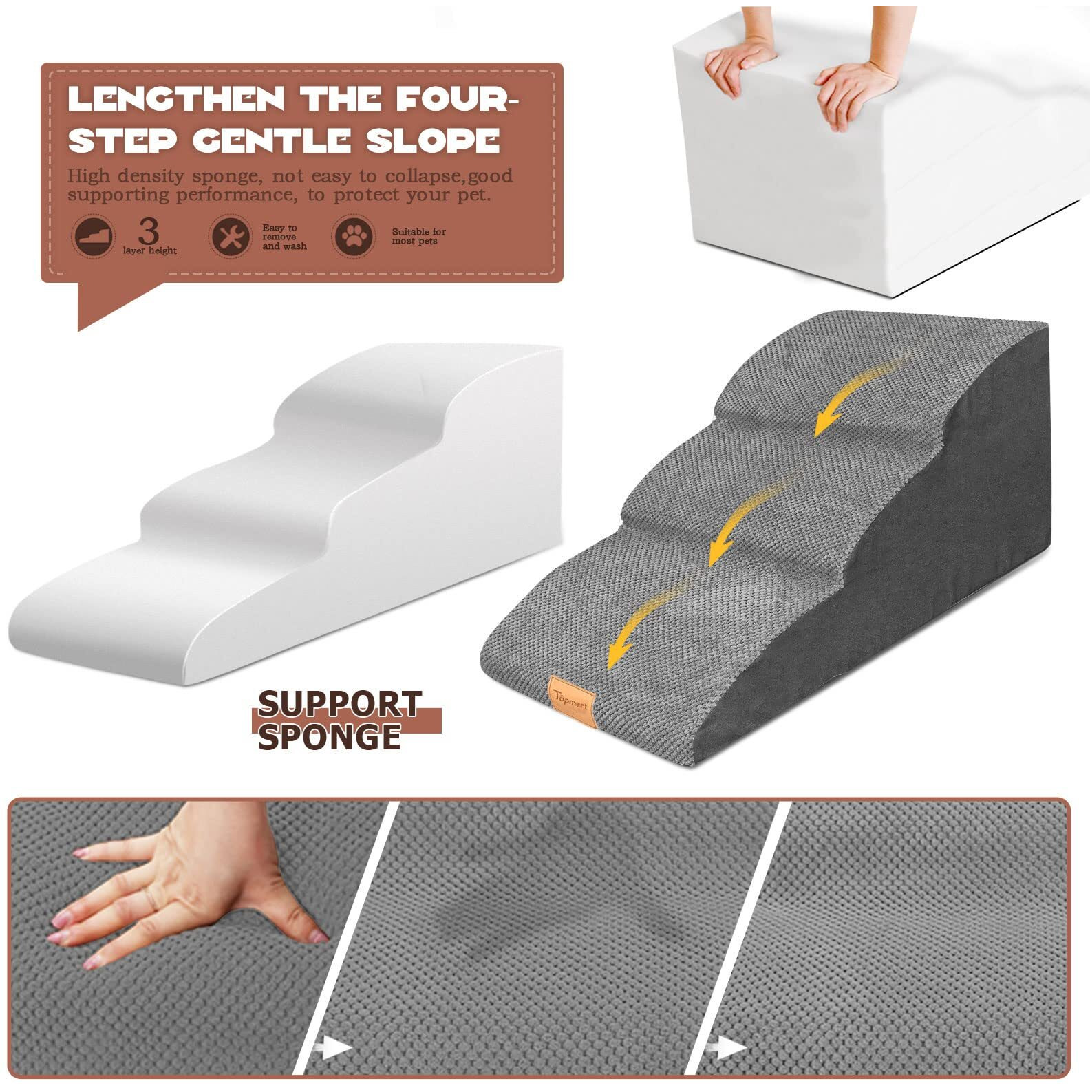 Topmart High Density Extended Foam Dog Ramp&Steps 2 Tiers,11.8"" High,Non-Slip Dog Stairs,Soft Foam Pet Ladder With Waterproof Cover,Best For Injured,Older Cats,Pets With Joint Pain