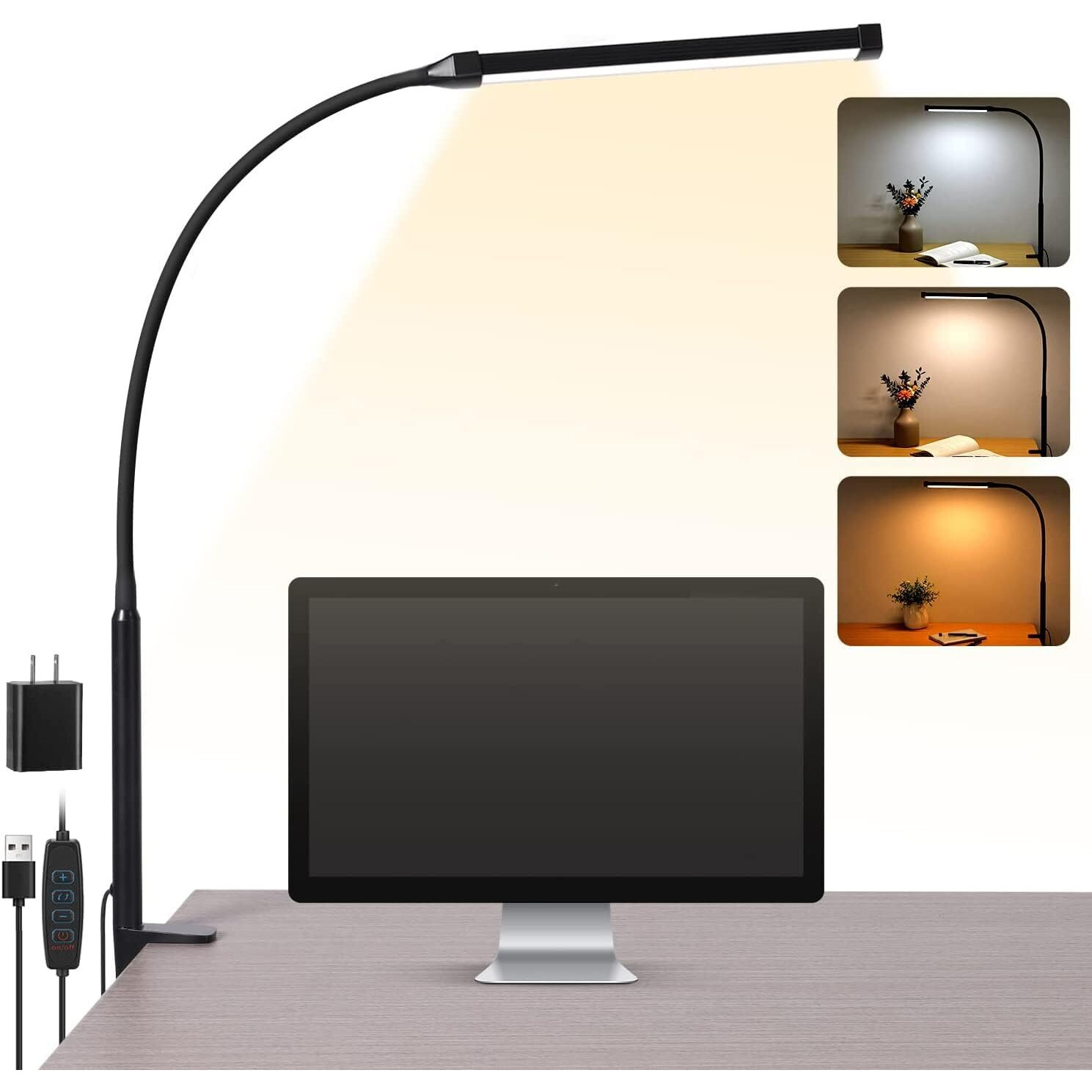Voncerus Led Desk Lamp With Clamp, Eye-Caring Clip On Lights For Home Office, 3 Modes 10 Brightness, Long Flexible Gooseneck, Metal, Swing Arm Architect Task Table Lamps With Usb Adapter, Black