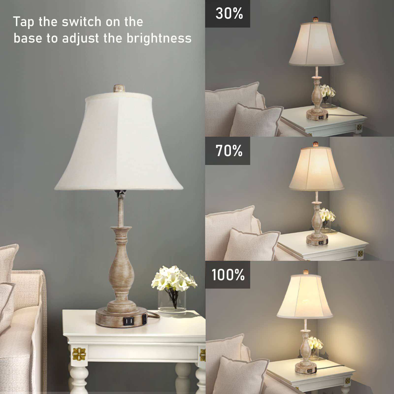 Farmhouse Table Lamp Touch Control 3-Way Dimmable Table Lamp, Modern Nightstand Lamp With 2 Usb Port Bedside Desk Lamp With Fabric Shade For Living Room Bedroom Hotel (Pack 1-Beige Shade)