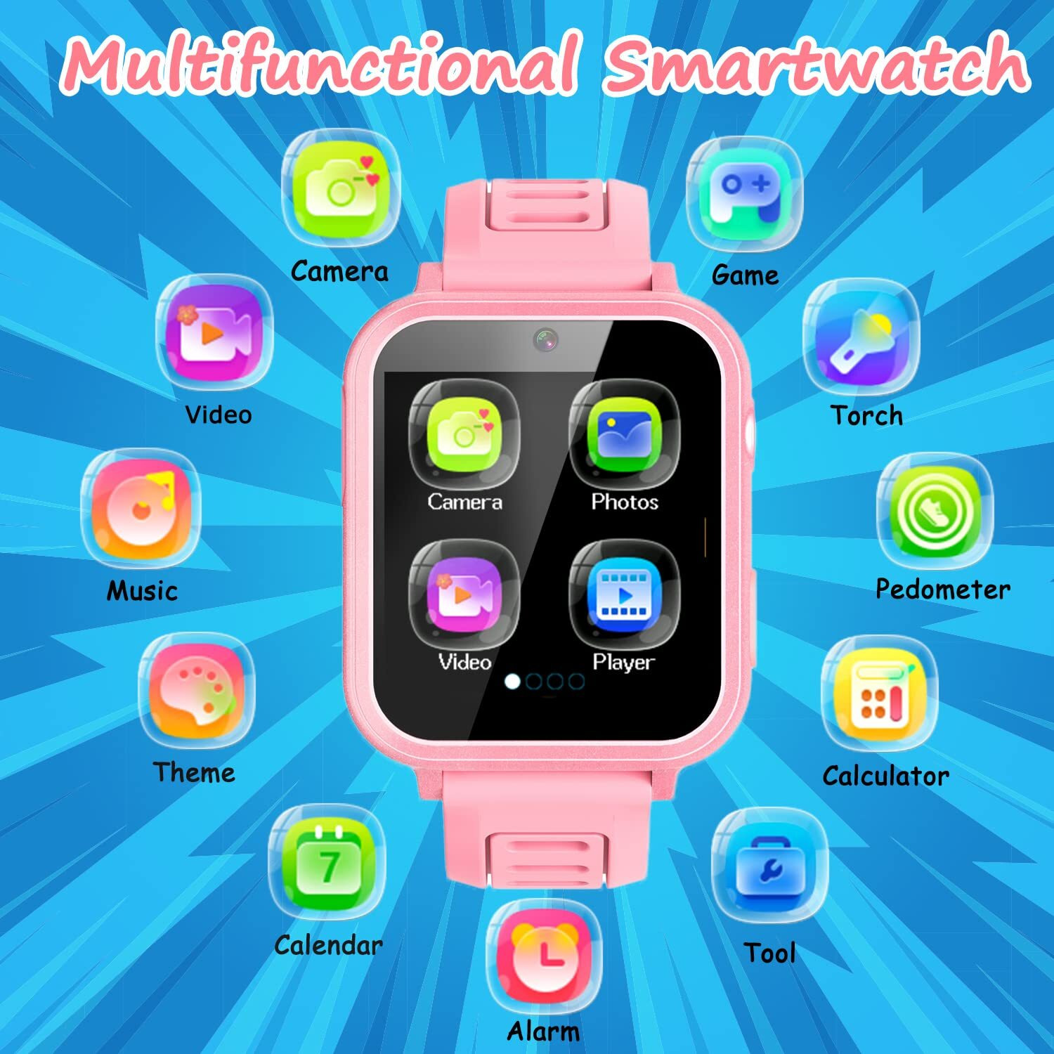 Wiszodet Smart Watch For Kids Gift For Girls Age 5-12, 1.54"" Touch Screen Watch With Hd Camera Video 24 Games Music Pedometer Flashlight Alarm Clock, Gifts For 7 8 9 10 Year Old Girls Boys