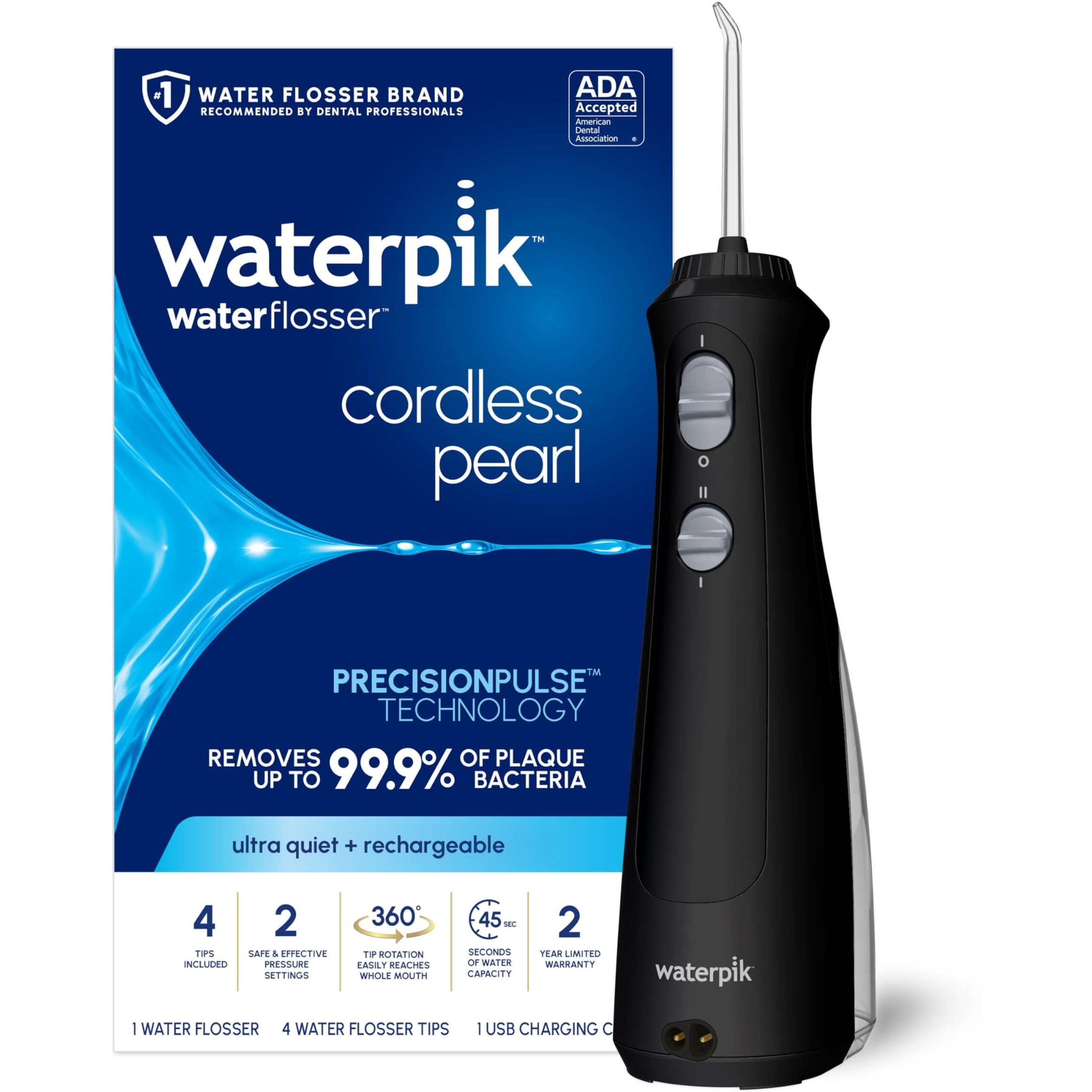 Waterpik Cordless Pearl Rechargeable Portable Water Flosser For Teeth, Gums, Braces Care And Travel With 4 Flossing Tips - Ada Accepted, Wf-13 Black, Packaging May Vary