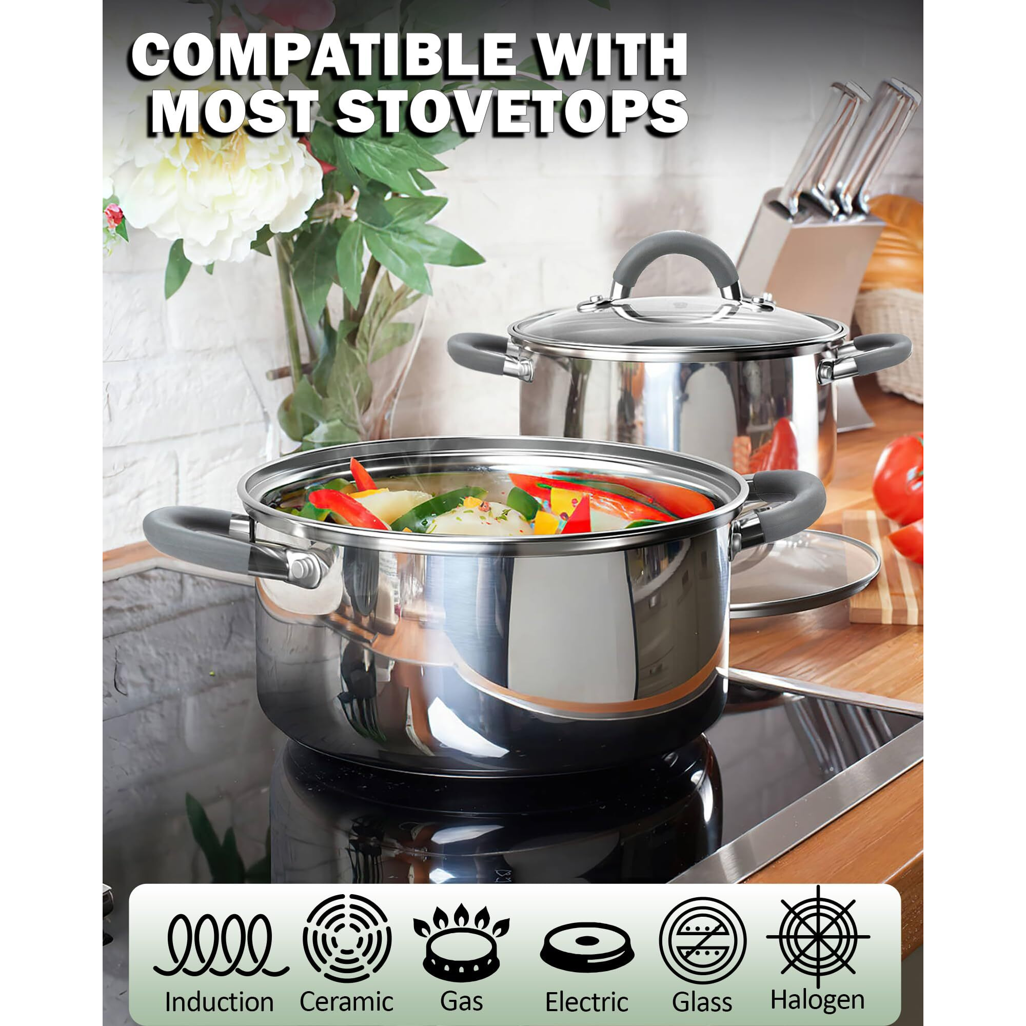 Cook N Home Kitchen Cookware Set, 12-Piece Basics Stainless Steel Pots And Pans Set With Grey Silicone Handle, Silver