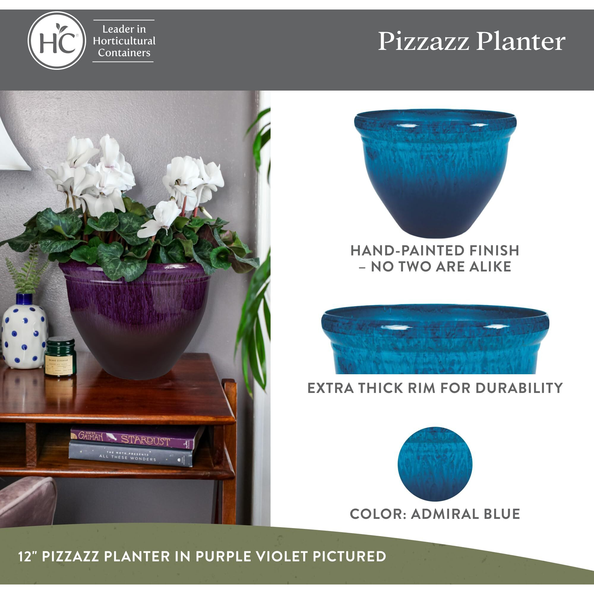 The Hc Companies Pizzazz Decorative Round Flower Pots W/Ceramic Look - Uv-Resistant Decorative Pot For Outdoor & Indoor Plant Pots - Modern Planter For Flower, Herbs (9    Admiral Blue, Pack Of 1)