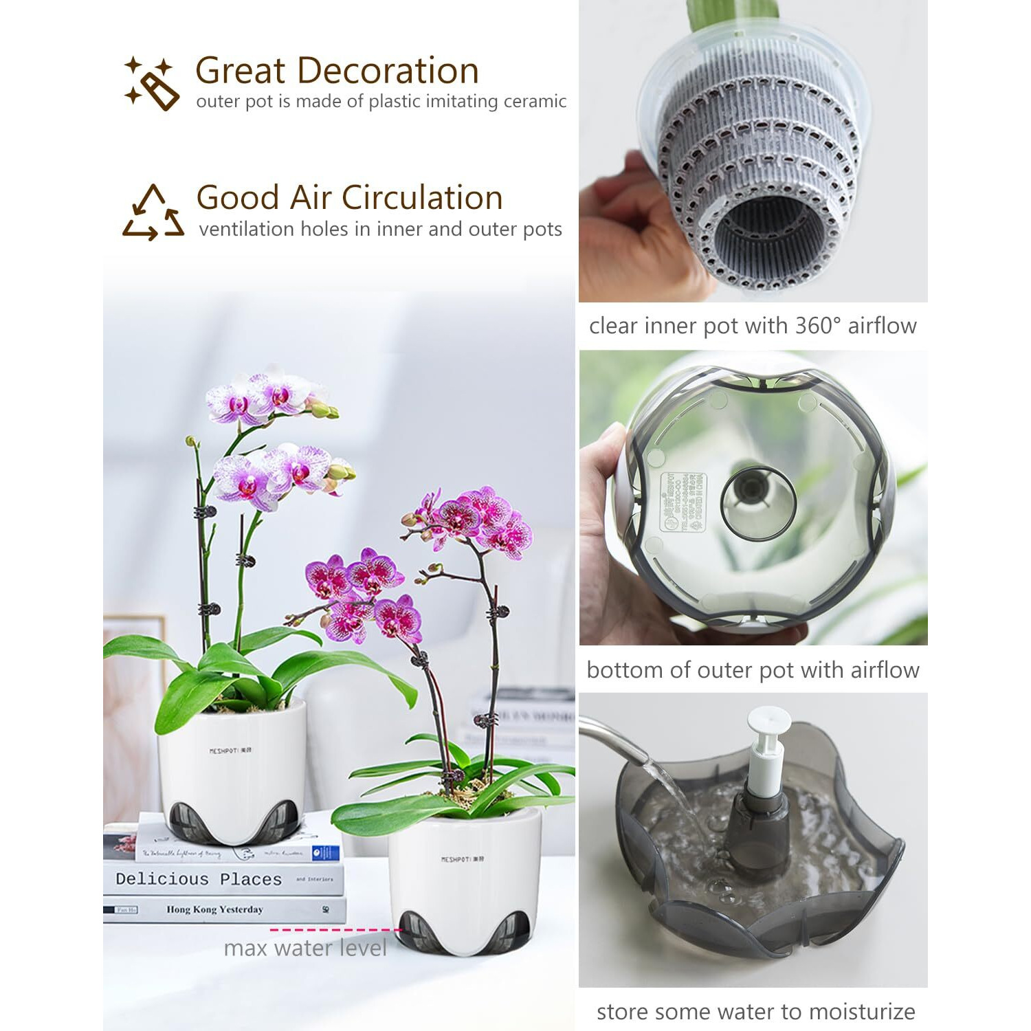 Meshpot 5 Inch Orchid Pots With Holes For Repotting With Excellent Airflow, Set Of 2, Double Layer Plastic Imitate Ceramic Orchid Planter, Clear Orchid Pot Match Decorative Orchid Container