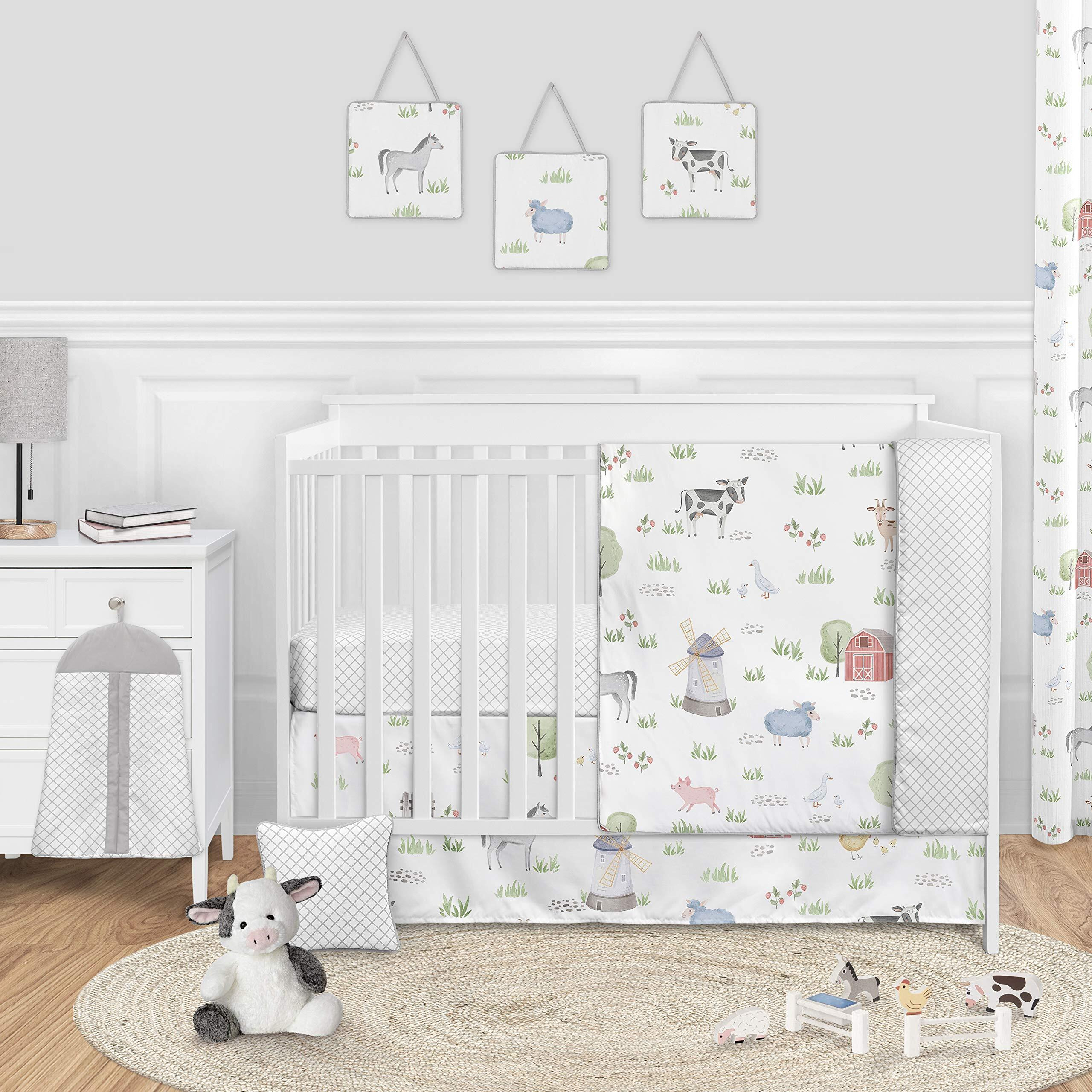 Sweet Jojo Designs Farm Animals Baby Boy Or Girl Nursery Crib Bedding Set - 11 Pieces - Watercolor Farmhouse Lattice Horse Cow Sheep Pig