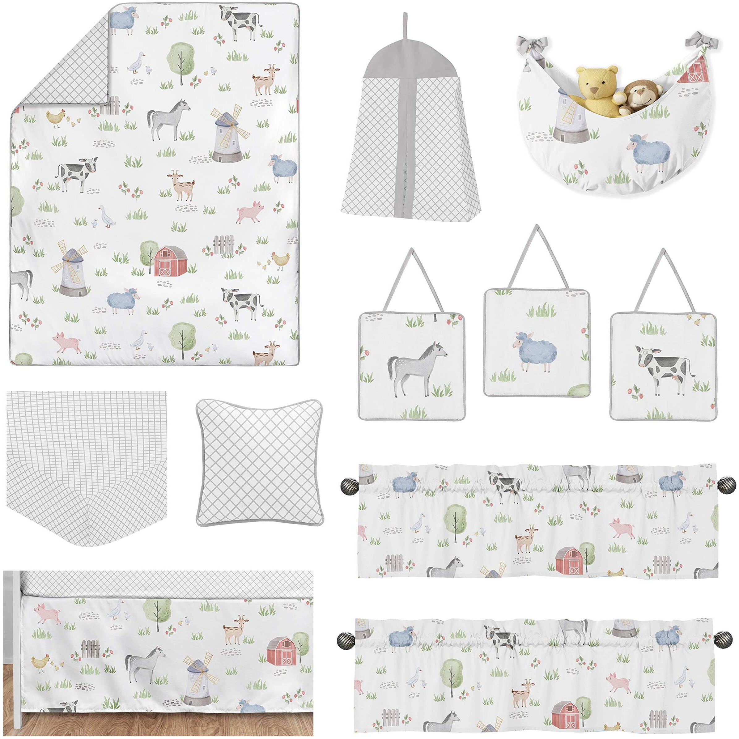 Sweet Jojo Designs Farm Animals Baby Boy Or Girl Nursery Crib Bedding Set - 11 Pieces - Watercolor Farmhouse Lattice Horse Cow Sheep Pig