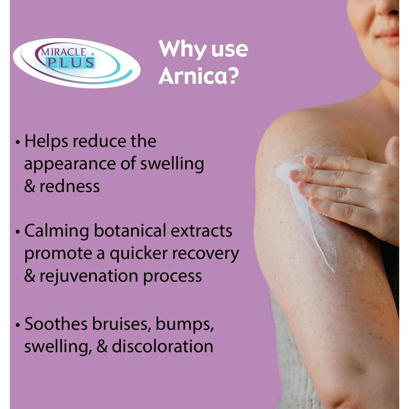 Miracle Plus Arnica Cream Bruise Relief Lotion For Bruising And Swelling On Skin | Bruise Cream Extra Strength Vitamin K Cream | Moisturizing Bruise Formula Skin Care Gel W/ Horse Chestnut, 4 Ounce