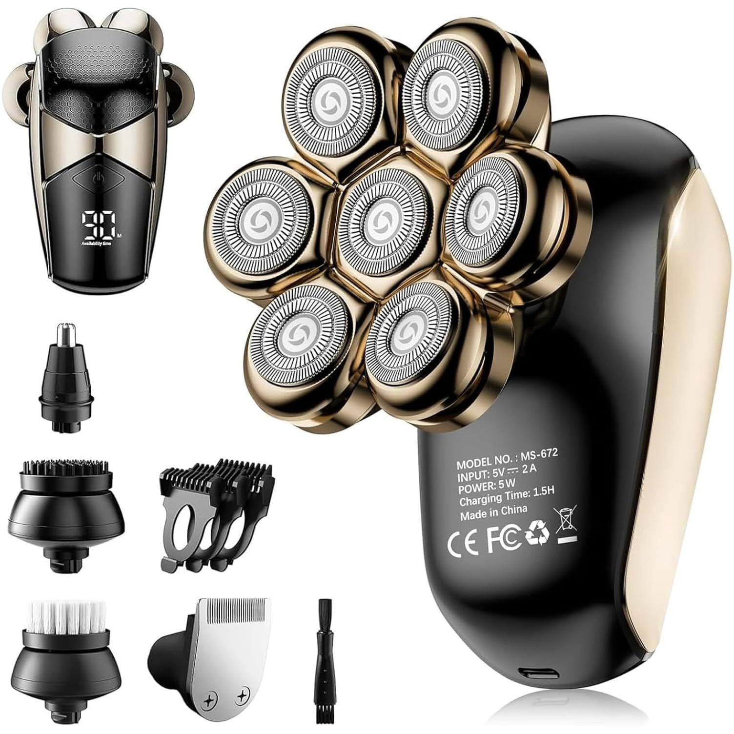 Detachable Head Shavers, Shpavver 5 In 1 Electric Razor Ipx7 Waterproof For Bald Men, Wet Dry Led Display Rechargeable 7D Rotary Shaver Grooming Kit With Type C Charge A