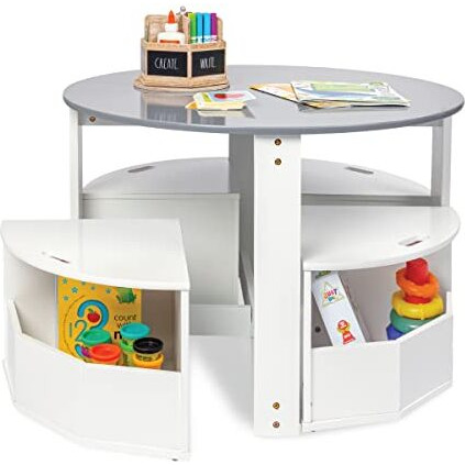 Milliard Toddler Table And Chair Set - Round Kids Activity Table With 4 Storage Stools, Nesting Design For Toddlers, Kids Play Table With Storage - Space-Saving Playroom Kids Furniture - (White)