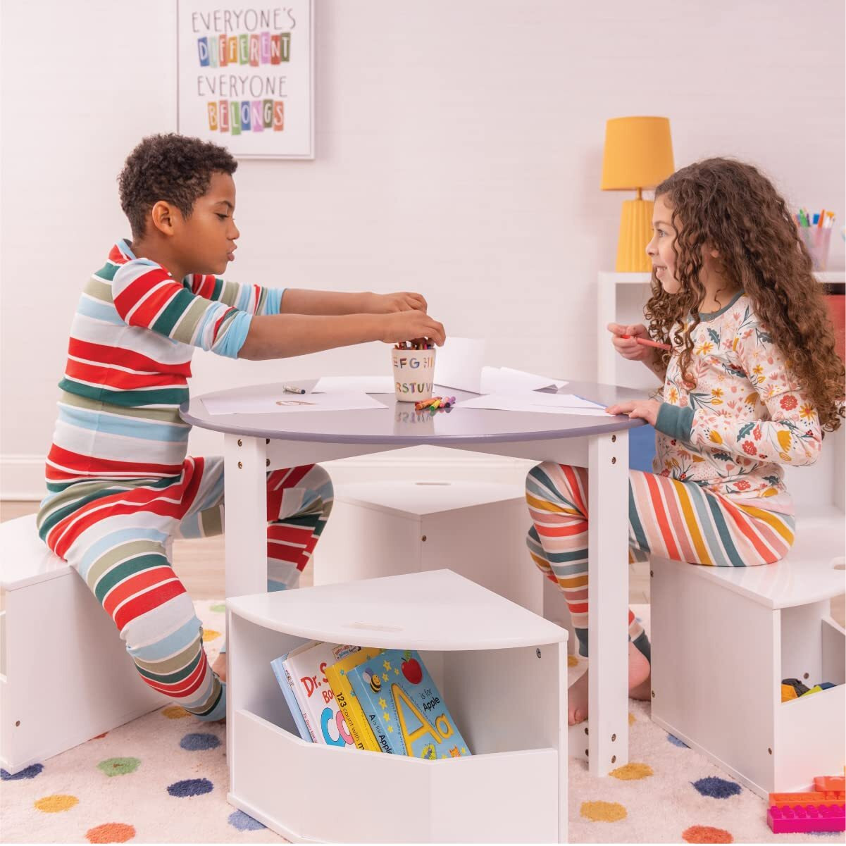 Milliard Toddler Table And Chair Set - Round Kids Activity Table With 4 Storage Stools, Nesting Design For Toddlers, Kids Play Table With Storage - Space-Saving Playroom Kids Furniture - (White)