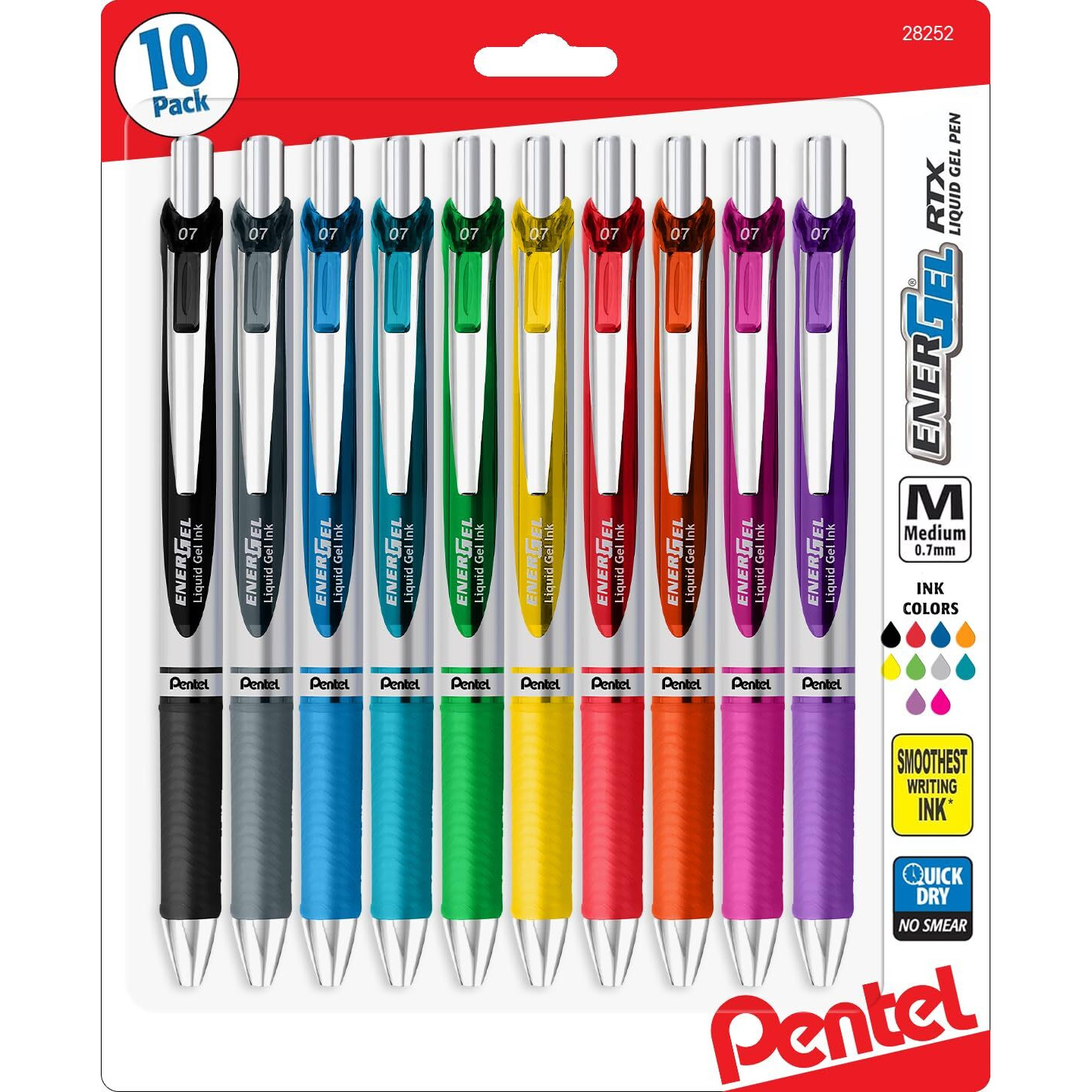 Pentel Energel 0.7 Mm Medium Point Rtx Retractable Liquid Gel Ink Pen, Metal Tip, 10 Pack Of New Assorted Ink Colors