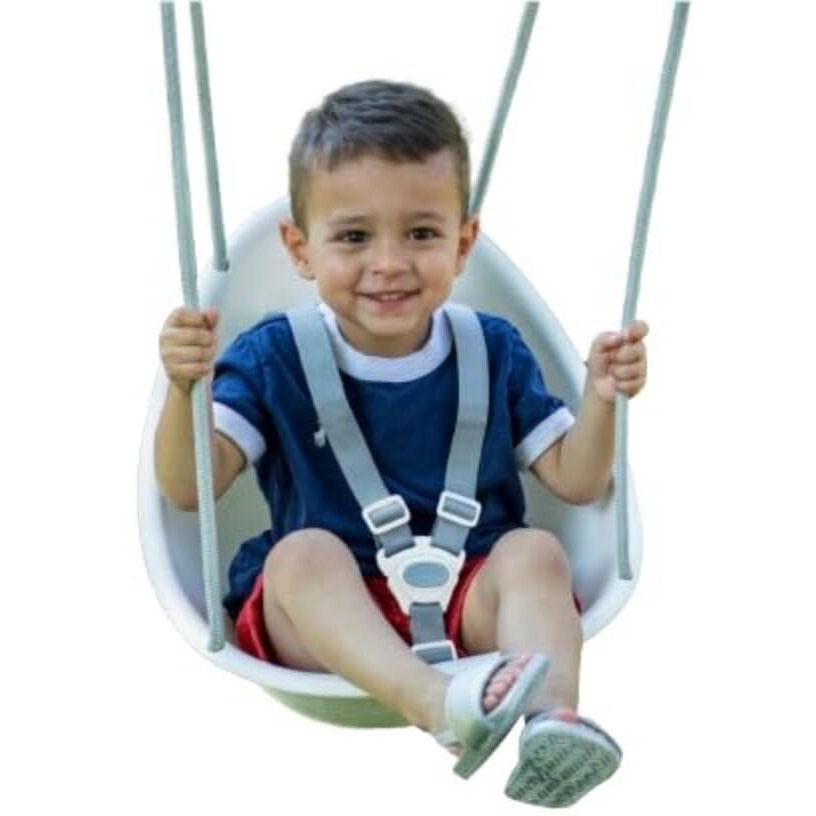 Swurfer Coconut Toddler Swing Comfy Baby Outdoor, 3- Point Adjustable Safety Harness, Secure, Safe Quick Locking System, Blister-Free Rope, Easy Installation, Ages 9 Months And Up, Ivo, White