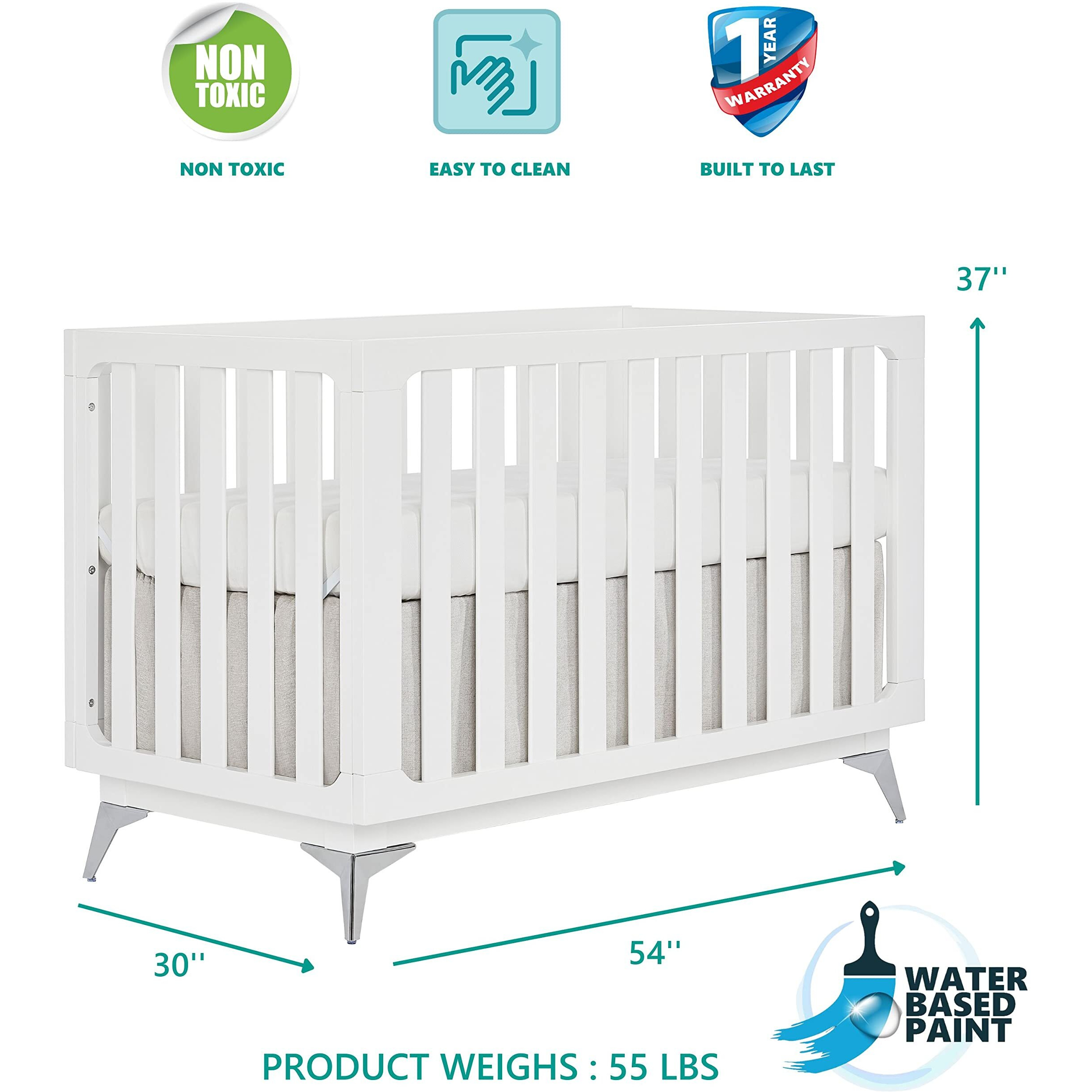 Sweetpea Baby Dream On Me Ultra Modern 4-In-1 Convertible Crib In White, Greenguard Gold Certified, 3 Mattress Height Settings, Fixed Stationary Side Rails, Wooden Furniture