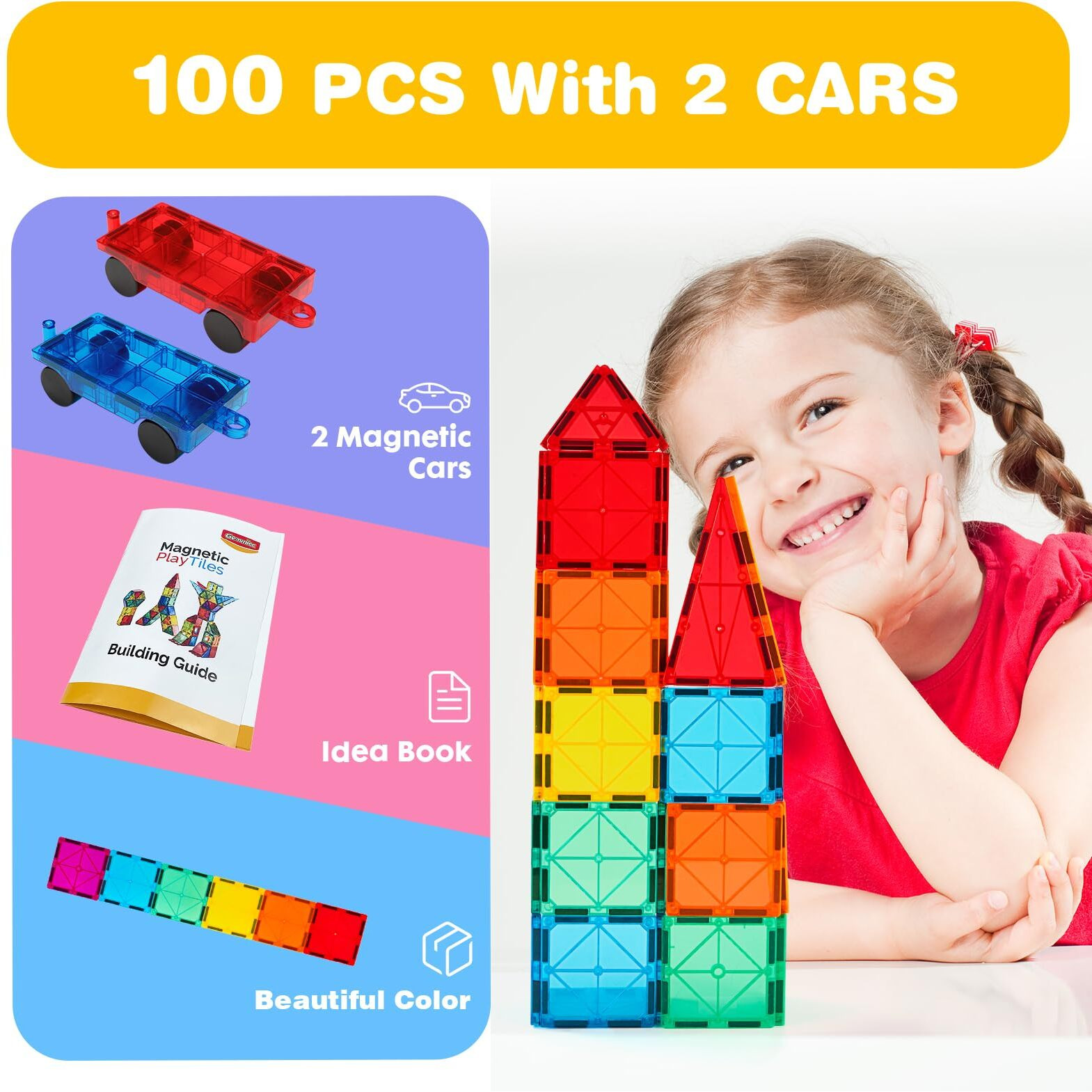 Gemmicc Magnetic Tiles 100 Pcs With 2 Cars, Stem Approved Educational Magnet Buildingtoys, Magnet Puzzles Stacking Blocks For Boys Girls