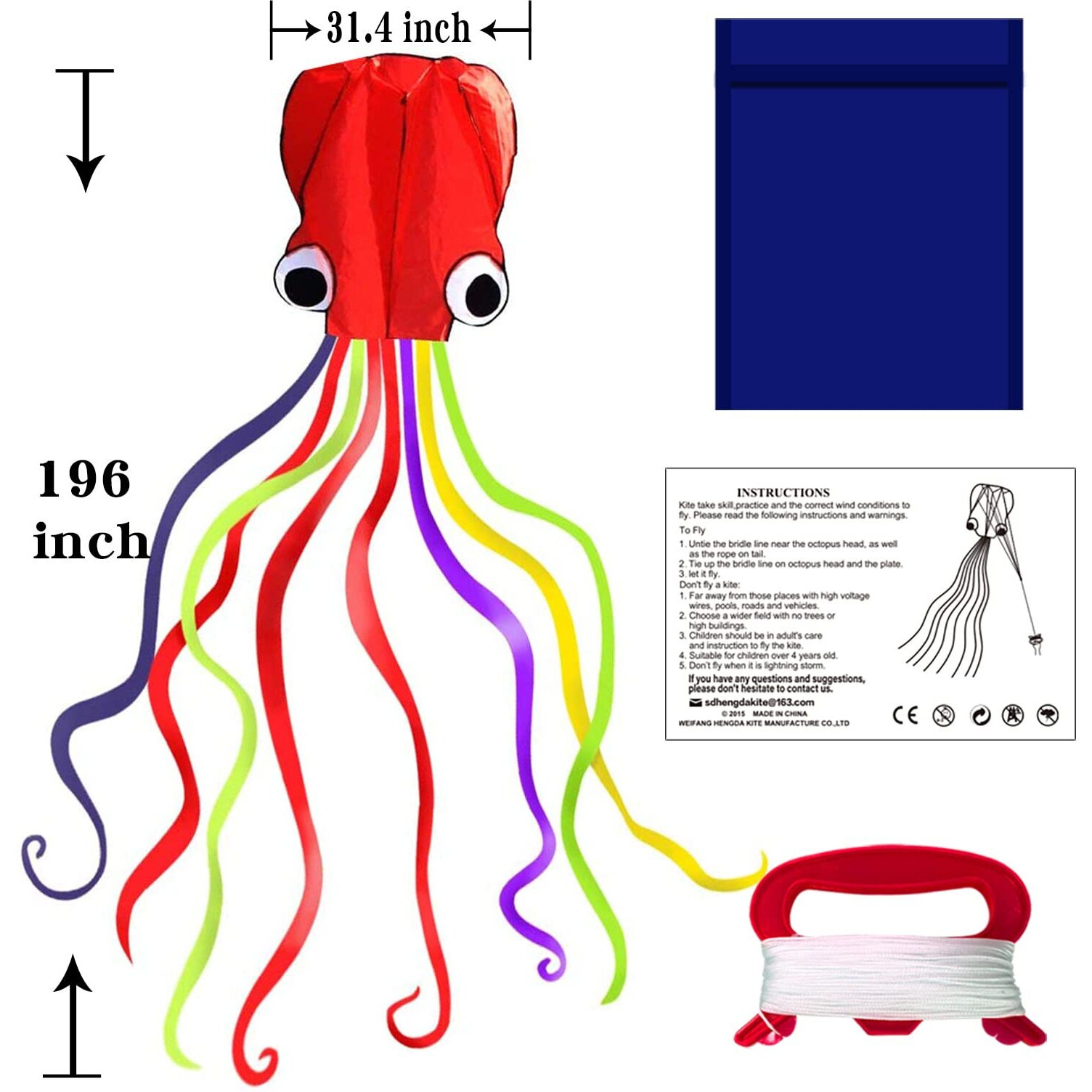 Hengda Kite Software Octopus Flyer Kite With Long Colorful Tail For Kids, 31-Inch Wide X 157-Inch Long, Large, Red