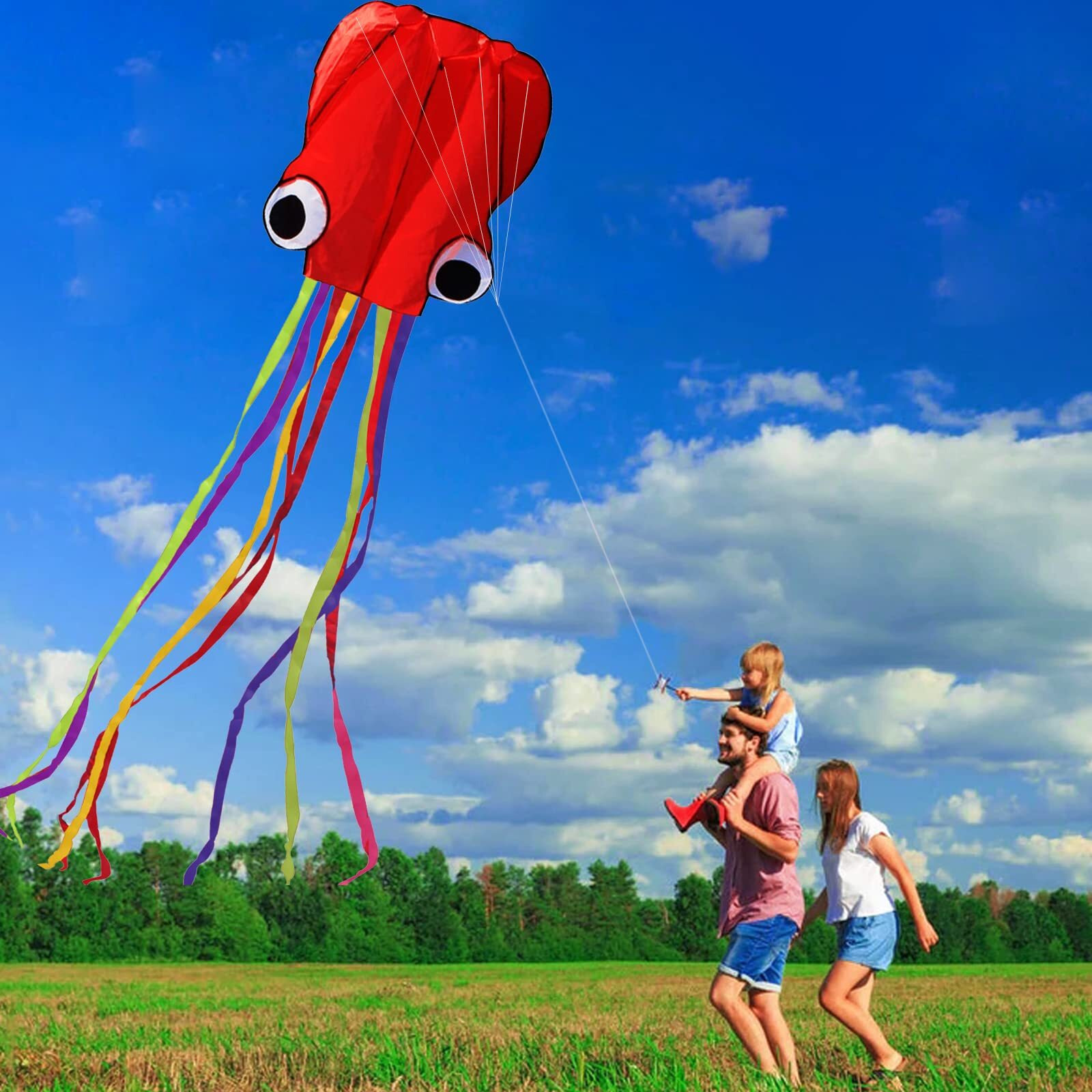 Hengda Kite Software Octopus Flyer Kite With Long Colorful Tail For Kids, 31-Inch Wide X 157-Inch Long, Large, Red