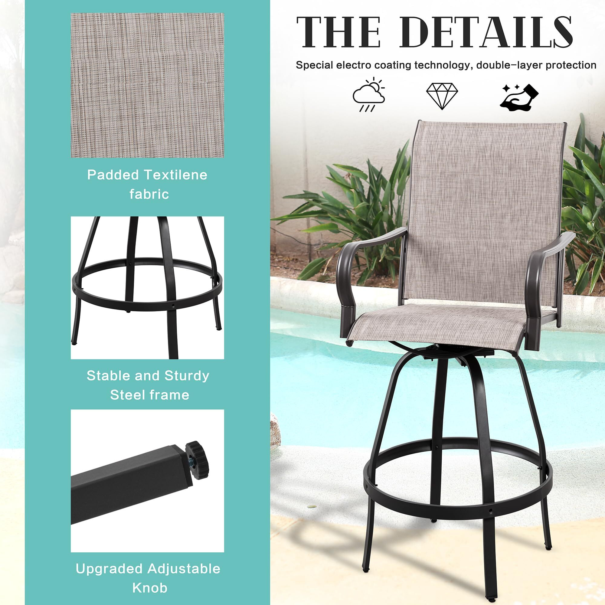 Vongrasig 3 Piece Patio Swivel Bar Set, All Weather Mental Textilene High Swivel Stools Chair Set Of 2 And Glass Bar Table, Outdoor High Top Bistro Set For Lawn Garden, Balcony, Taupe