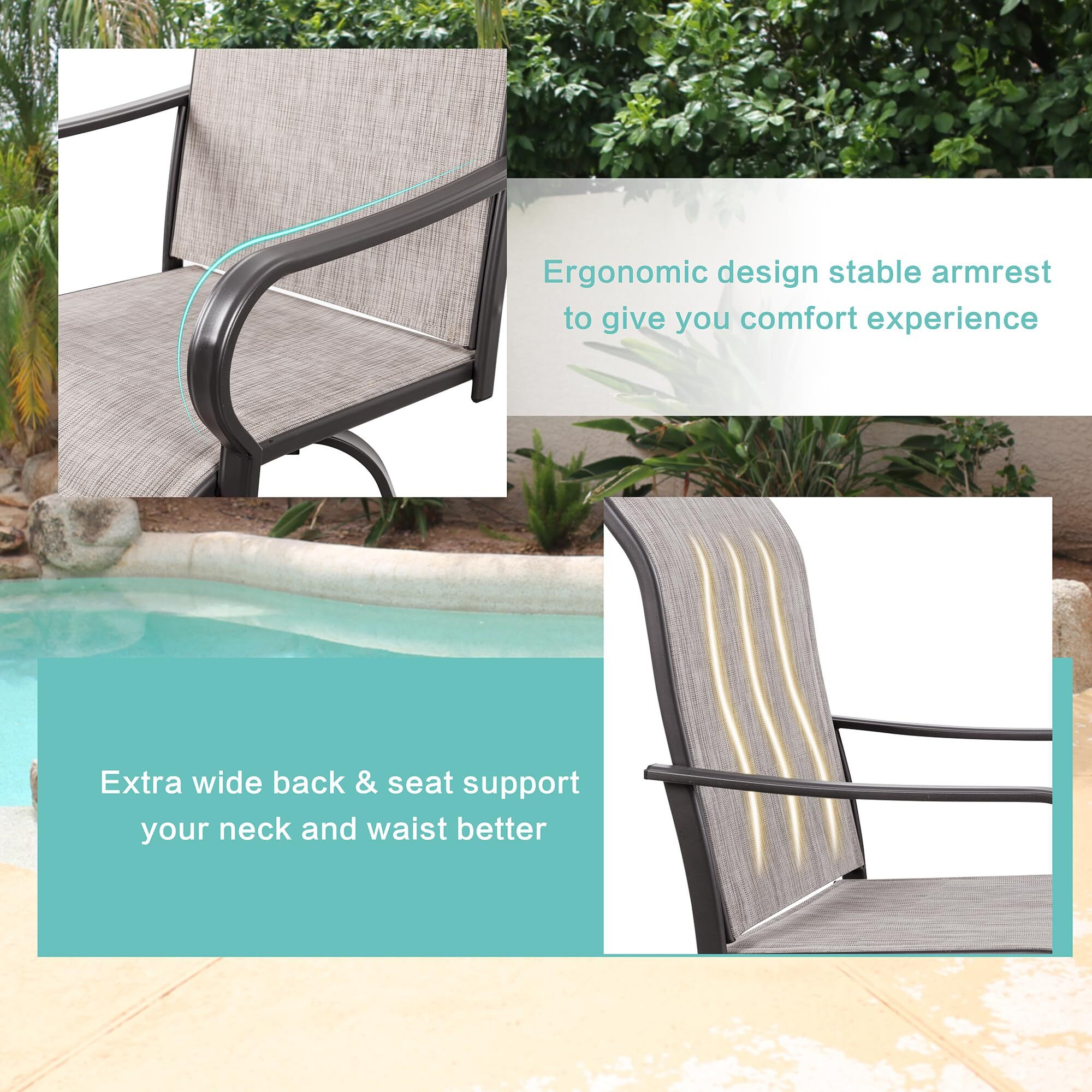 Vongrasig 3 Piece Patio Swivel Bar Set, All Weather Mental Textilene High Swivel Stools Chair Set Of 2 And Glass Bar Table, Outdoor High Top Bistro Set For Lawn Garden, Balcony, Taupe