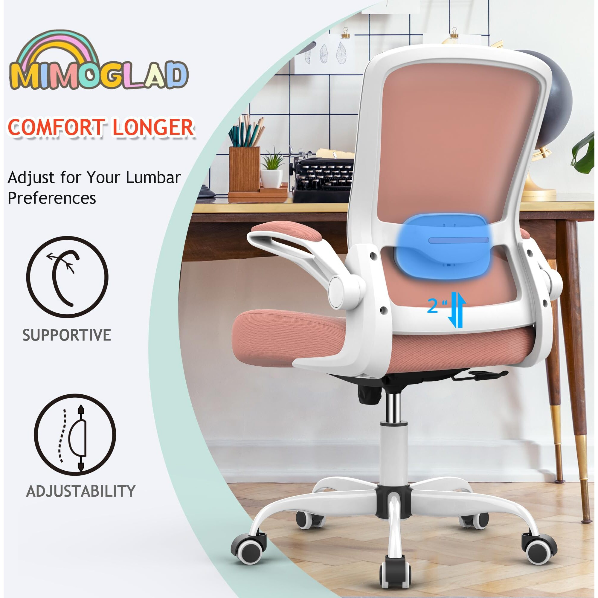 Mimoglad Ergonomic High Back Mesh Office Chair, Adjustable Lumbar Support, Thickened Seat Cushion (Modern, Spanish Pink)