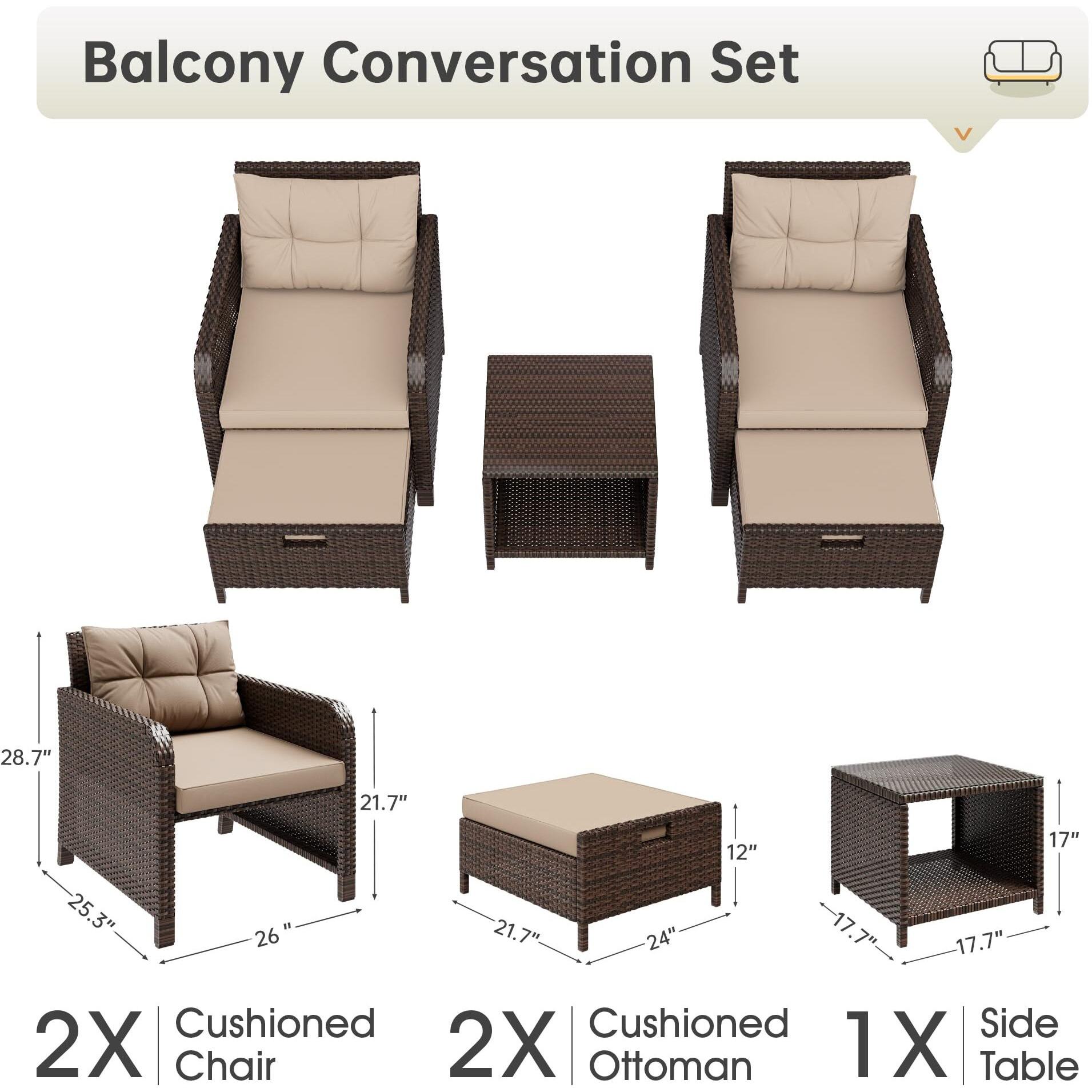 Lhbcraft Balcony Furniture 5 Piece Patio Conversation Set, Pe Wicker Rattan Outdoor Lounge Chairs With Soft Cushions 2 Ottoman&Glass Table For Porch, Lawn-Brown Wicker (Brown)