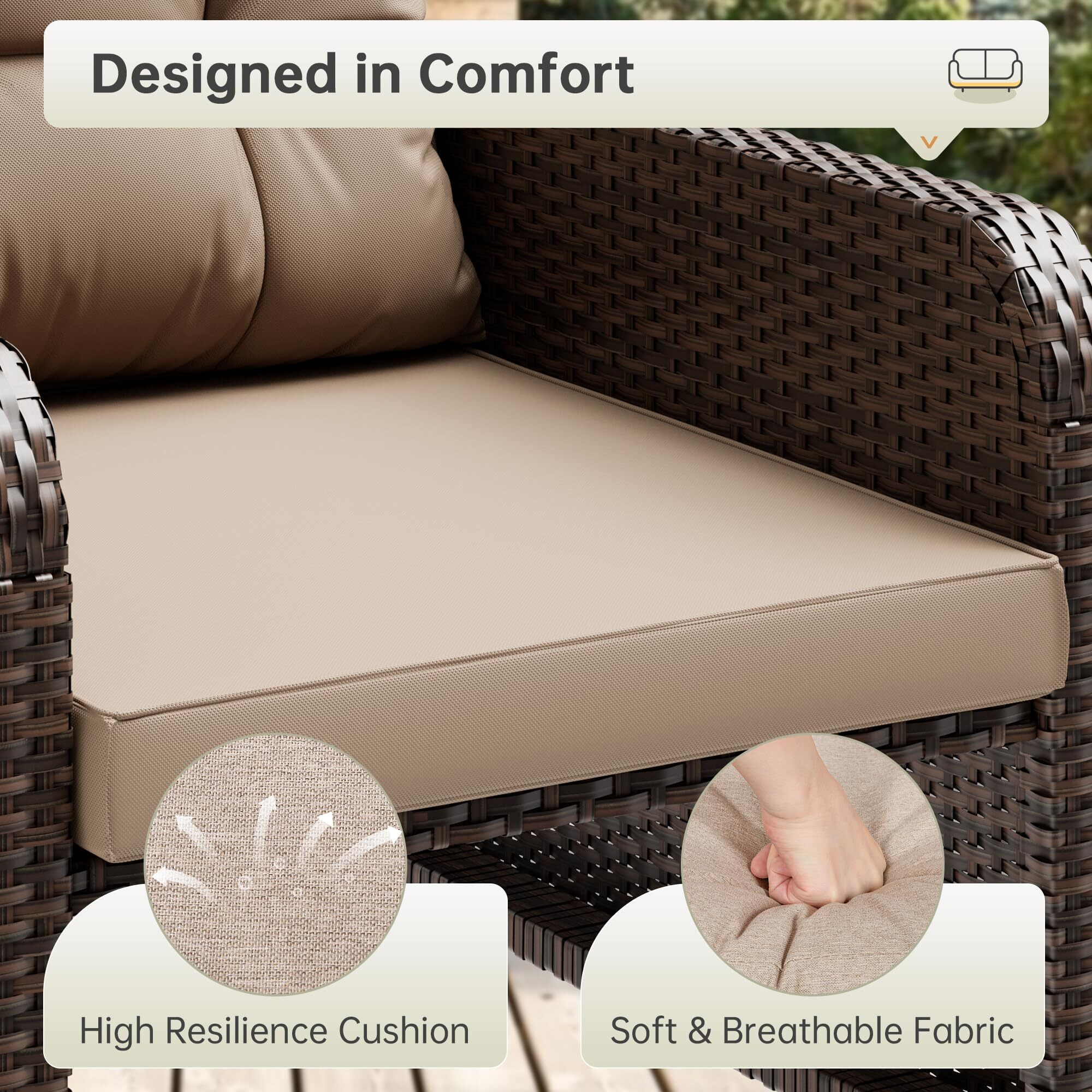 Lhbcraft Balcony Furniture 5 Piece Patio Conversation Set, Pe Wicker Rattan Outdoor Lounge Chairs With Soft Cushions 2 Ottoman&Glass Table For Porch, Lawn-Brown Wicker (Brown)