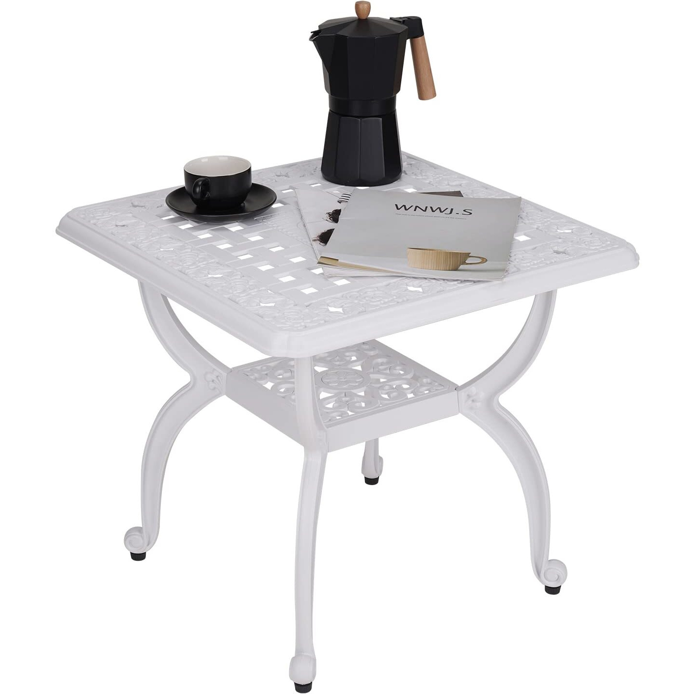 Jardin De Centennial Cast Aluminum Outdoor Side Table,Anti-Rust Outdoor End Table,Patio Coffee Bistro Table For Indoor,Garden,Porch,Balcony(Square White)