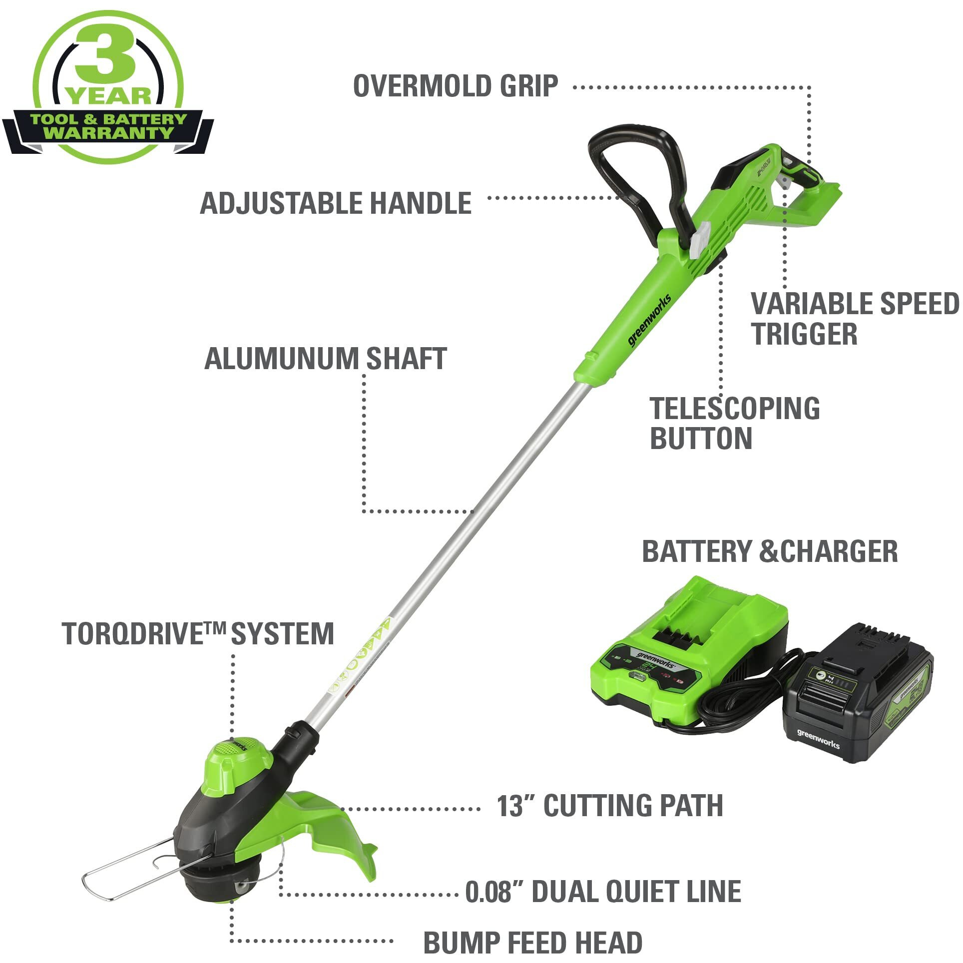 Greenworks 24V 13"" Brushless Cordless String Trimmer, 4.0Ah Usb Battery And Charger Included