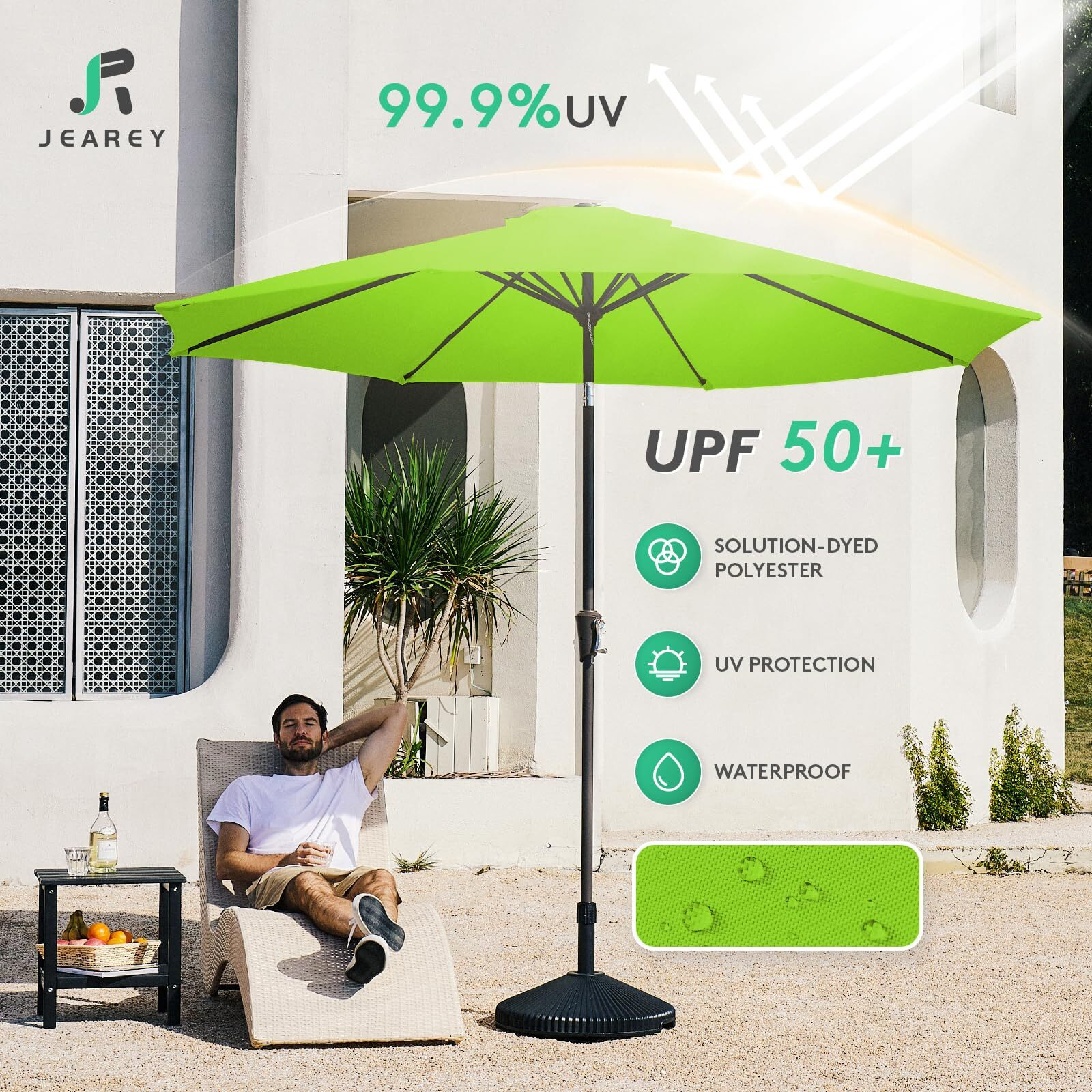 Jearey 9Ft Outdoor Patio Umbrella Outdoor Table Umbrella With Push Button Tilt And Crank, Market Umbrella 8 Sturdy Ribs Uv Protection Waterproof For Garden, Deck, Backyard, Pool (Beige)