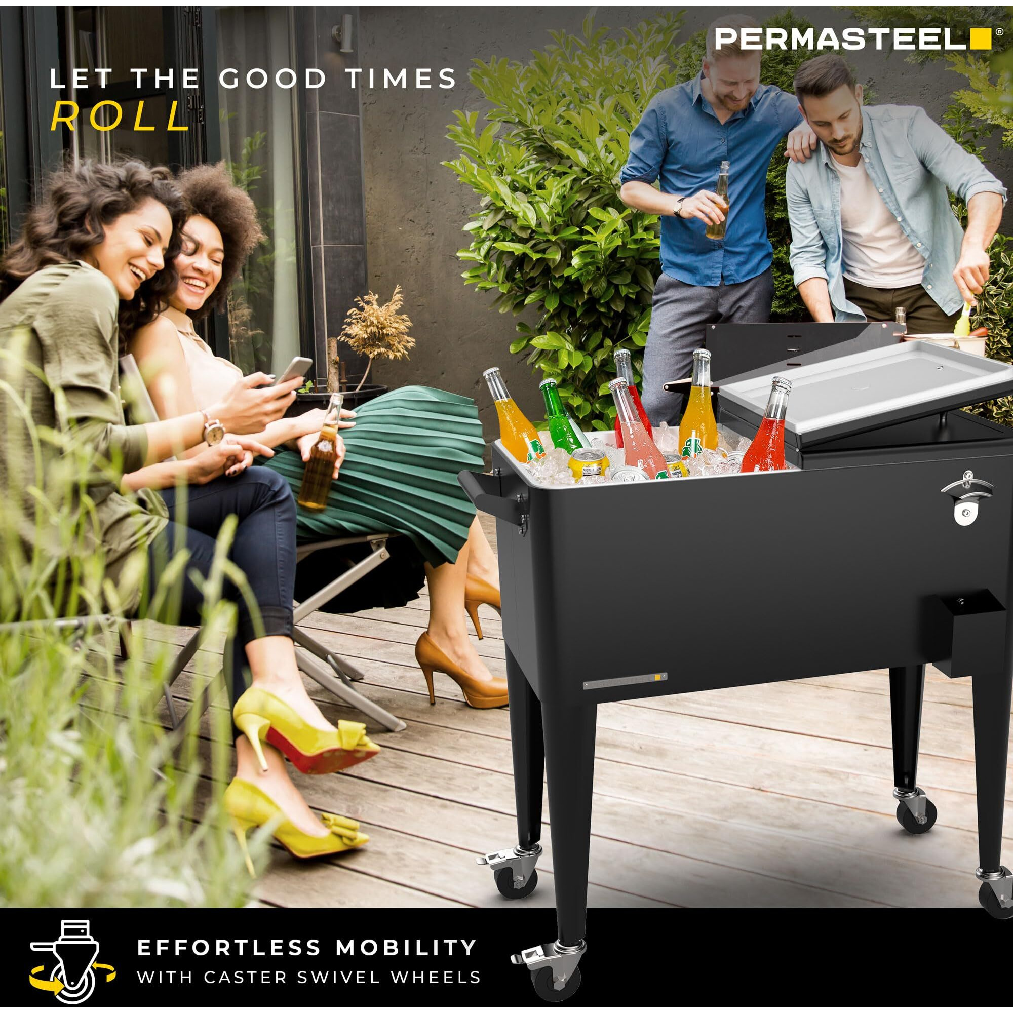 Permasteel 80-Qt Classic Outdoor Patio Cooler For Outside, Outdoor Beverage Cooler Bar Cart, Rolling Cooler With Wheels & Handles, Retro Design, Black