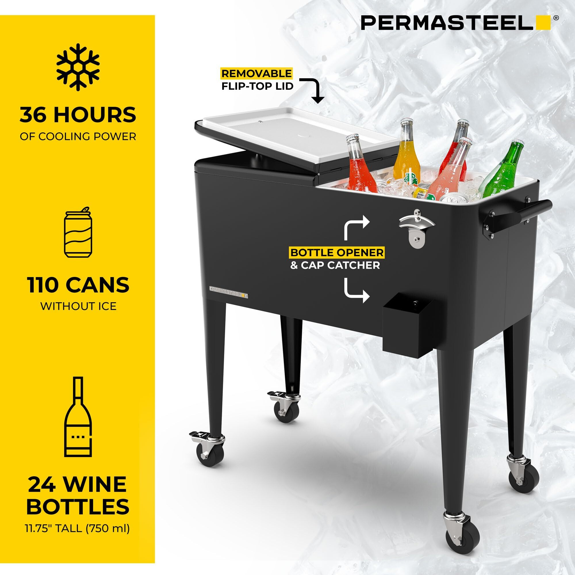 Permasteel 80-Qt Classic Outdoor Patio Cooler For Outside, Outdoor Beverage Cooler Bar Cart, Rolling Cooler With Wheels & Handles, Retro Design, Black