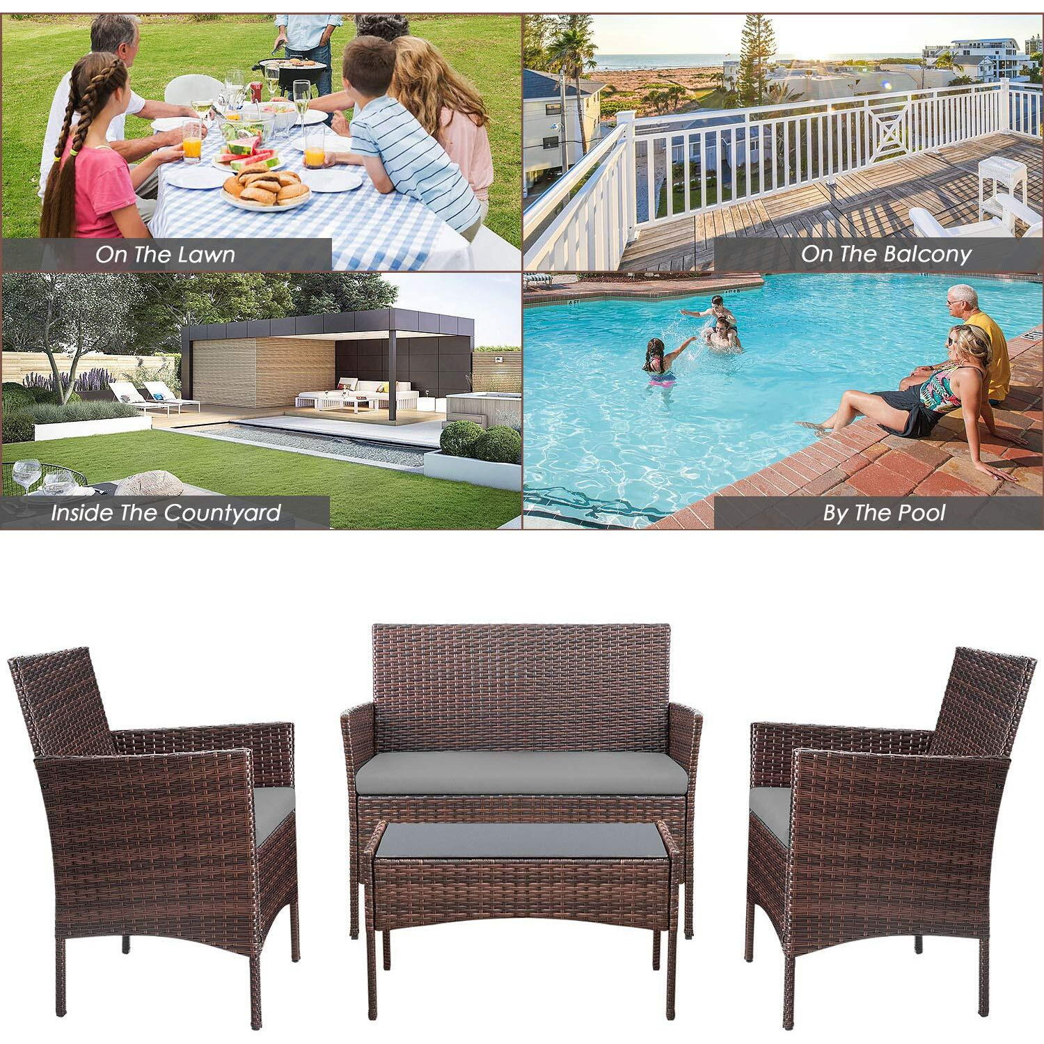 Homall 4 Pieces Patio Rattan Chair Wicker, Outdoor Indoor Use Backyard Porch Garden Poolside Balcony Furniture Sets (Grey)