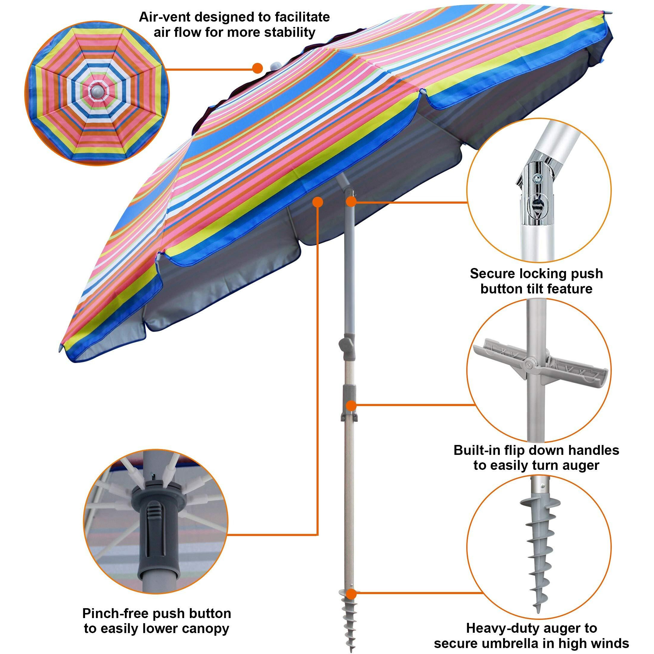 Blissun 7.2' Portable Beach Umbrella With Sand Anchor, Tilt Pole, Carry Bag, Air Vent, Orange