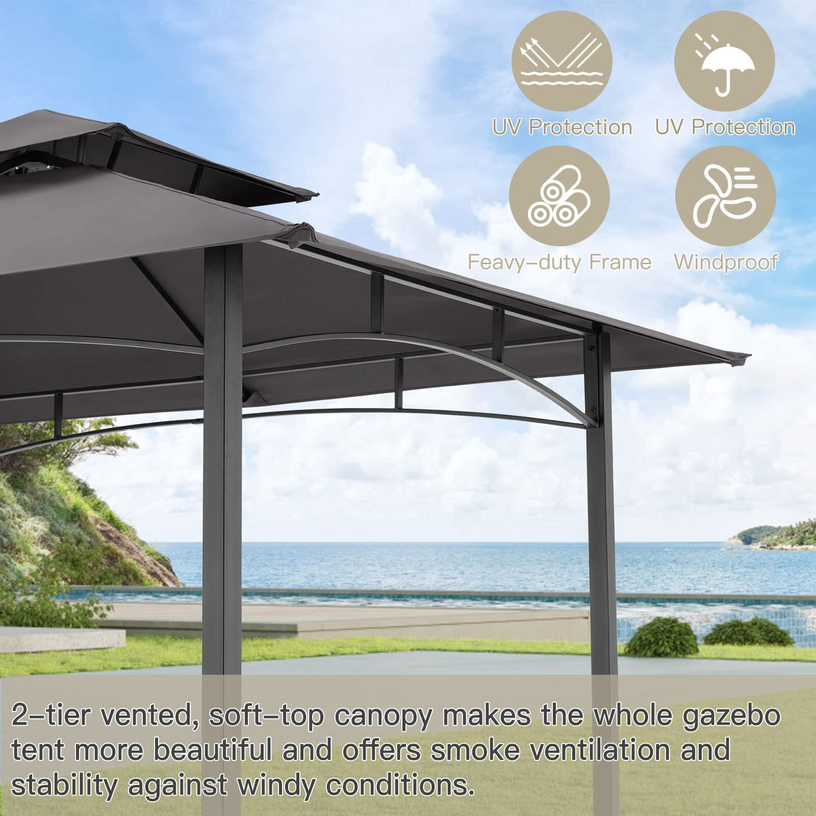 Aecojoy 8' X 5' Outdoor Grill Gazebo Canopy, Bbq Canopy For Outdoor Grill, 2- Tier Bbq Gazebo Shelter For Patio, Backyard And More (Grey)