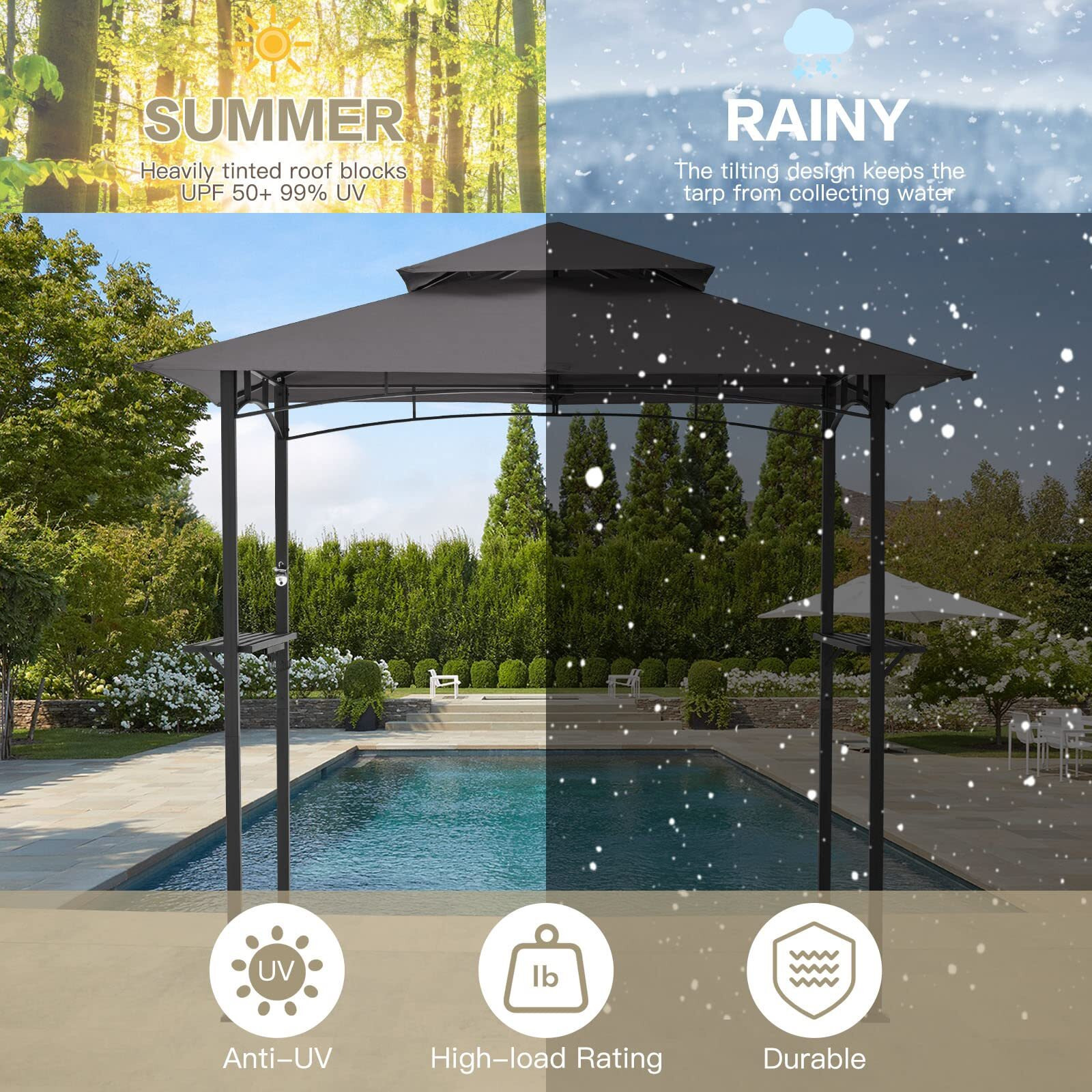 Aecojoy 8' X 5' Outdoor Grill Gazebo Canopy, Bbq Canopy For Outdoor Grill, 2- Tier Bbq Gazebo Shelter For Patio, Backyard And More (Grey)