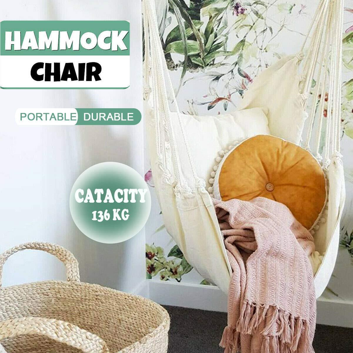 Hammock Chair Hanging Rope Swing Seat For Indoor Outdoor, Sturdy Cotton Weave Hammock Swing, Max 300Lbs Hanging Hammock Chair For Bedroom Patio Porch (Pole And Pillows Not Included, Orange)