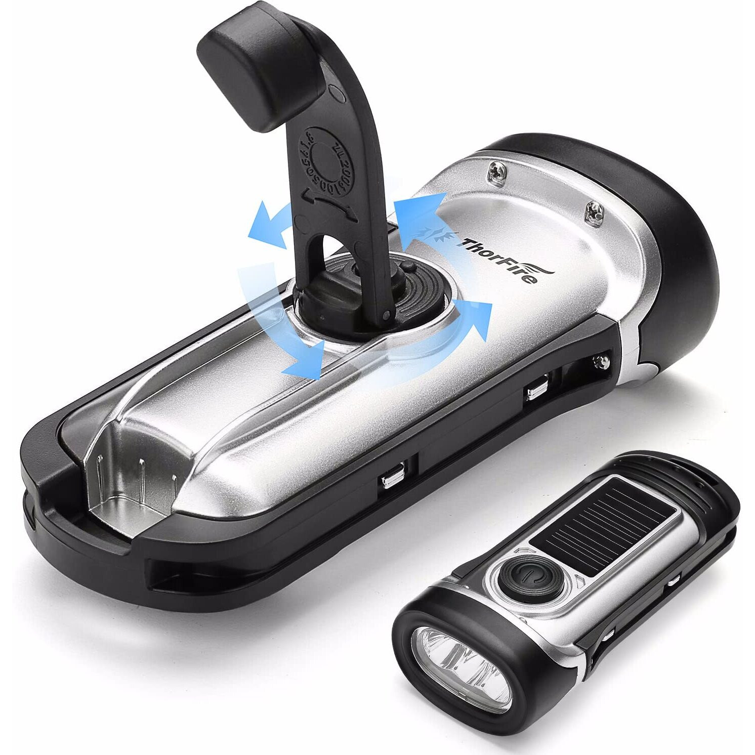 Thorfire Solar Flashlight Hand Crank Solar Powered Rechargeable Flashlight Ipx6 Waterproof Led Emergency Lights Dynamo Torch Ideal For Camping Outdoor Climbing Backpack Hiking