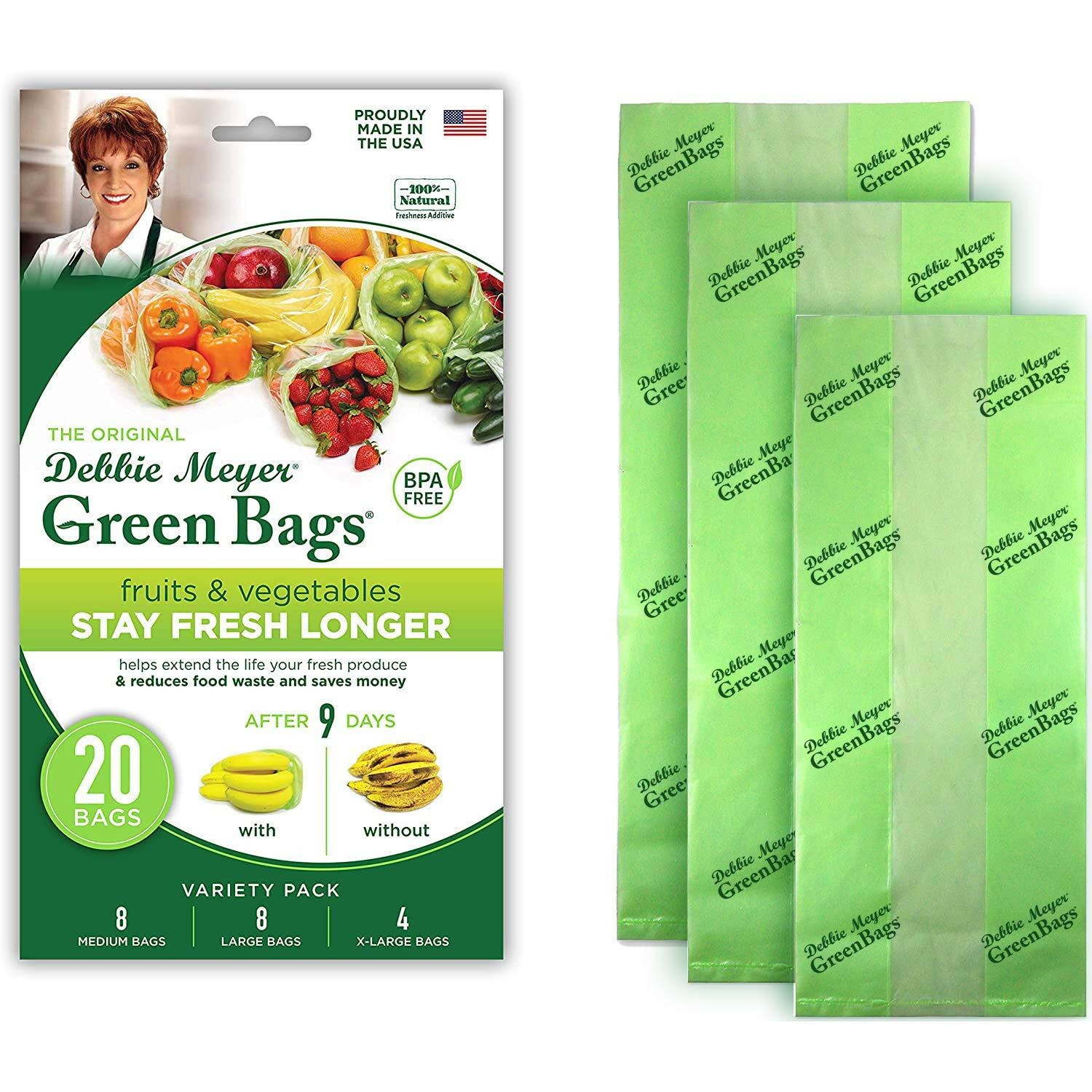 Debbie Meyer Greenbags 20-Pack (8M, 8L, 4Xl) - Keeps Fruits, Vegetables, And Cut Flowers, Fresh Longer, Reusable, Bpa Free, Made In Usa