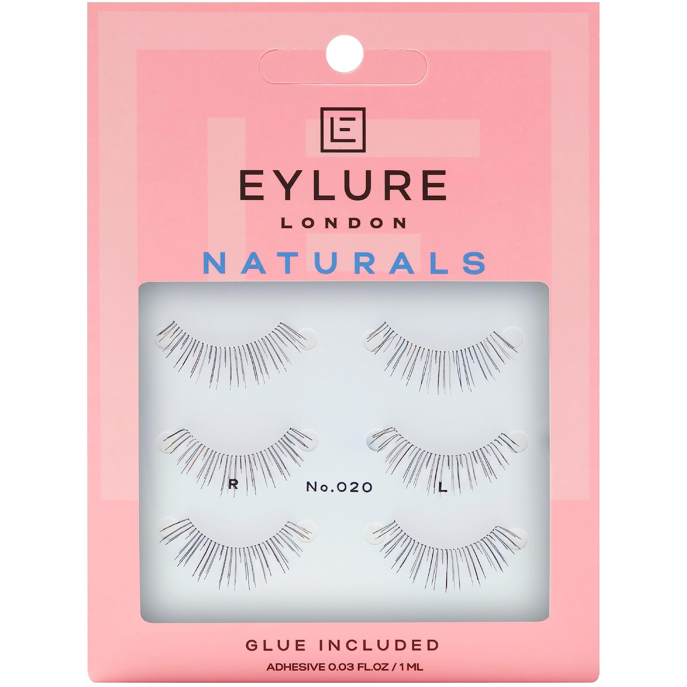 Eylure Naturals No 020 Reusable Eyelashes, Adhesive Included, Black, 3 Pairs