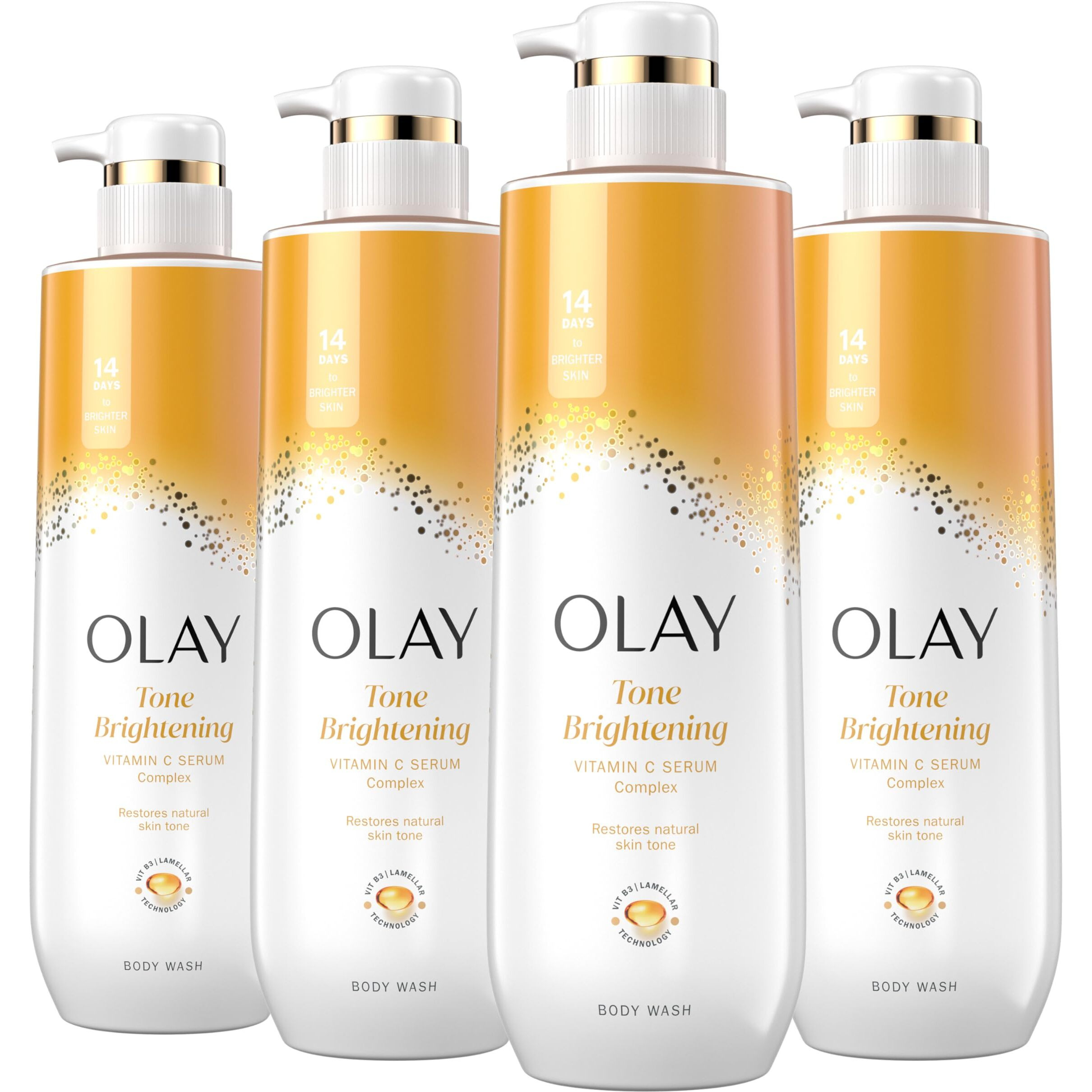Olay Body Wash For Women, Tone Brightening Exfoliation, Vitamin C Serum Complex, Renew Moisture, Free Of Parabens & Phthalates, Vitamin B3 Lameller Technology, For All Skin Types, 20 Fl Oz (Pack Of 4)