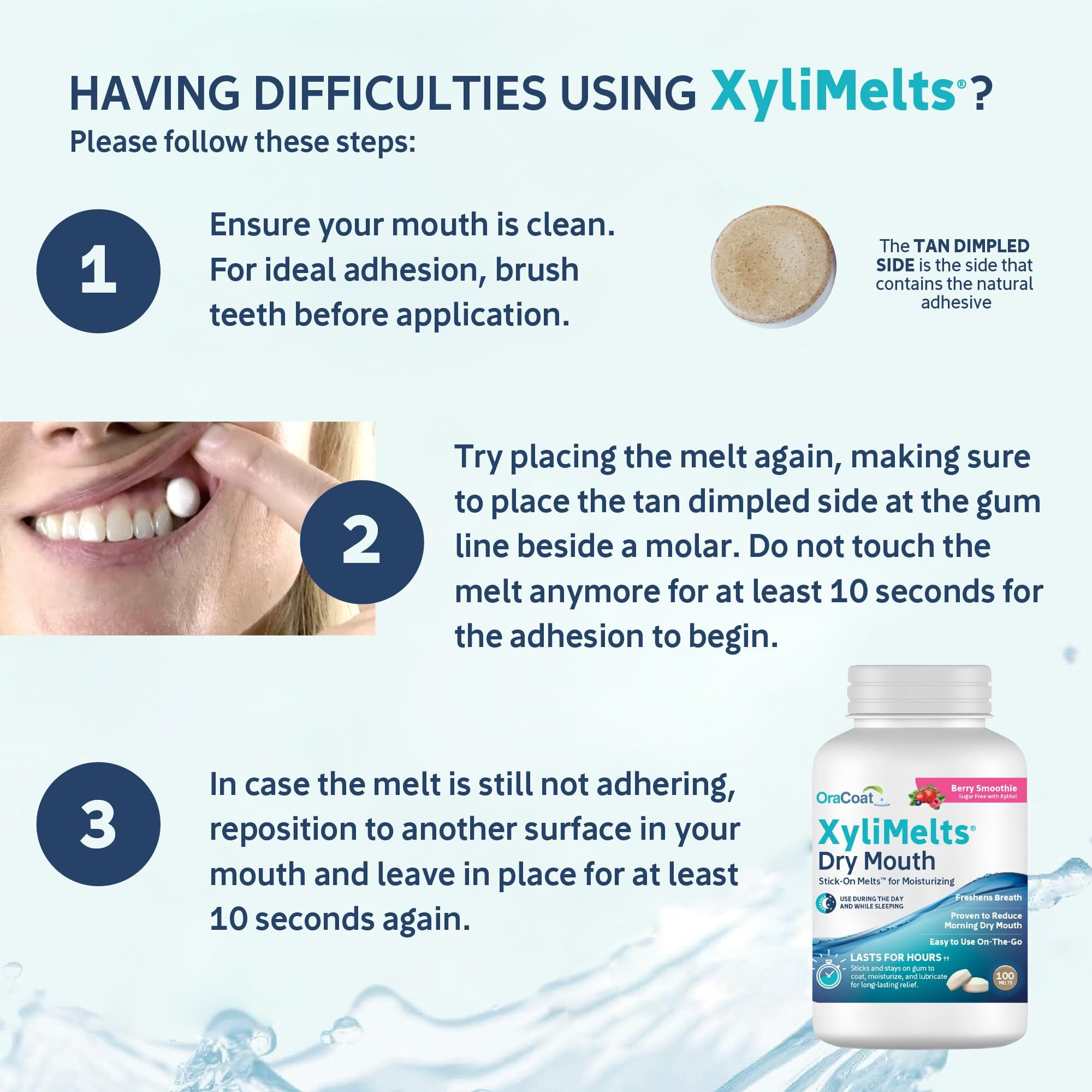 Oracoat Xylimelts Dry Mouth Relief Moisturizing Stick-On Melts Berry Smoothie With Xylitol, For Dry Mouth, Stimulates Saliva, Non-Acidic, Day And Night Use, Time Release For Up To 8 Hours, 100 Count