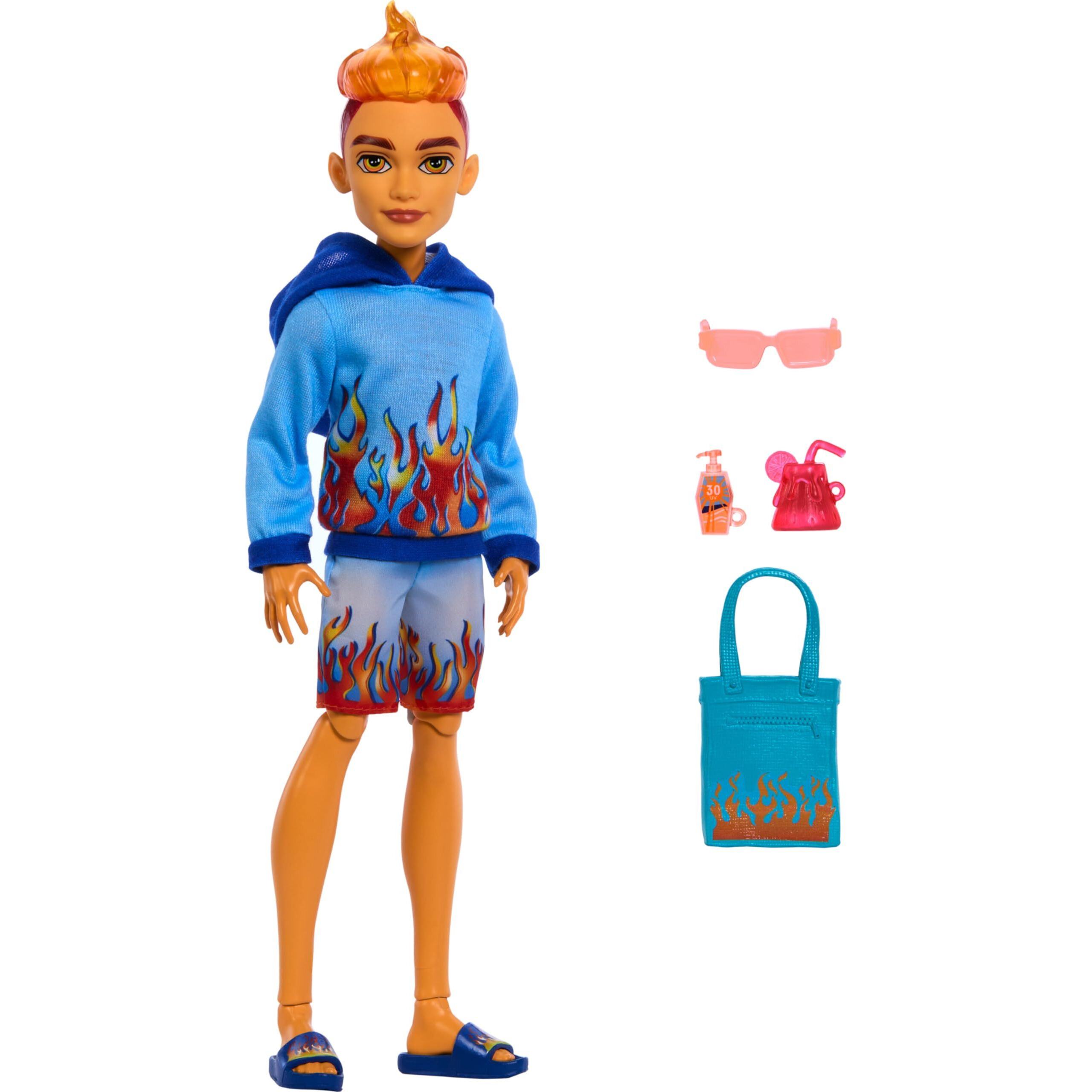 Monster High Scare-Adise Island Heath Burns Doll With Flame Hoodie, Swim Trunks & Beach Accessories Like Sunglasses