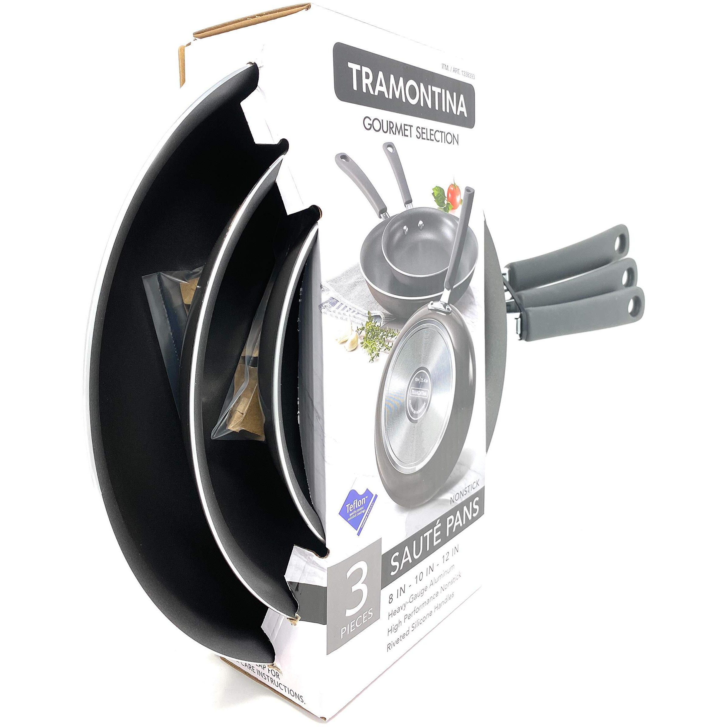 Tramontina Gourmet Selection 3 Piece Set Nonstick Saute Pans (8"", 10"" & 12"") Heavy-Gauge Aluminium High Performance Nonstick Riveted Silicone Handles (Metallic Black)